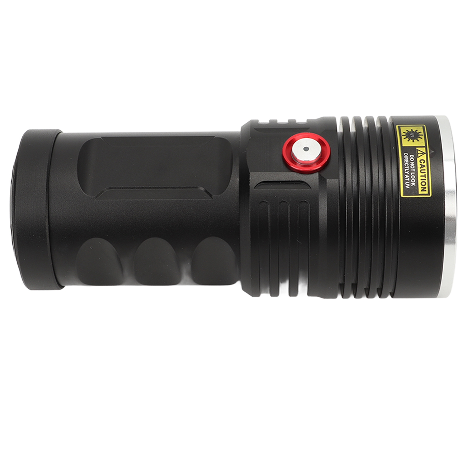 Schwarze Taschenlampe mit rotem Knopf und Warnaufkleber.