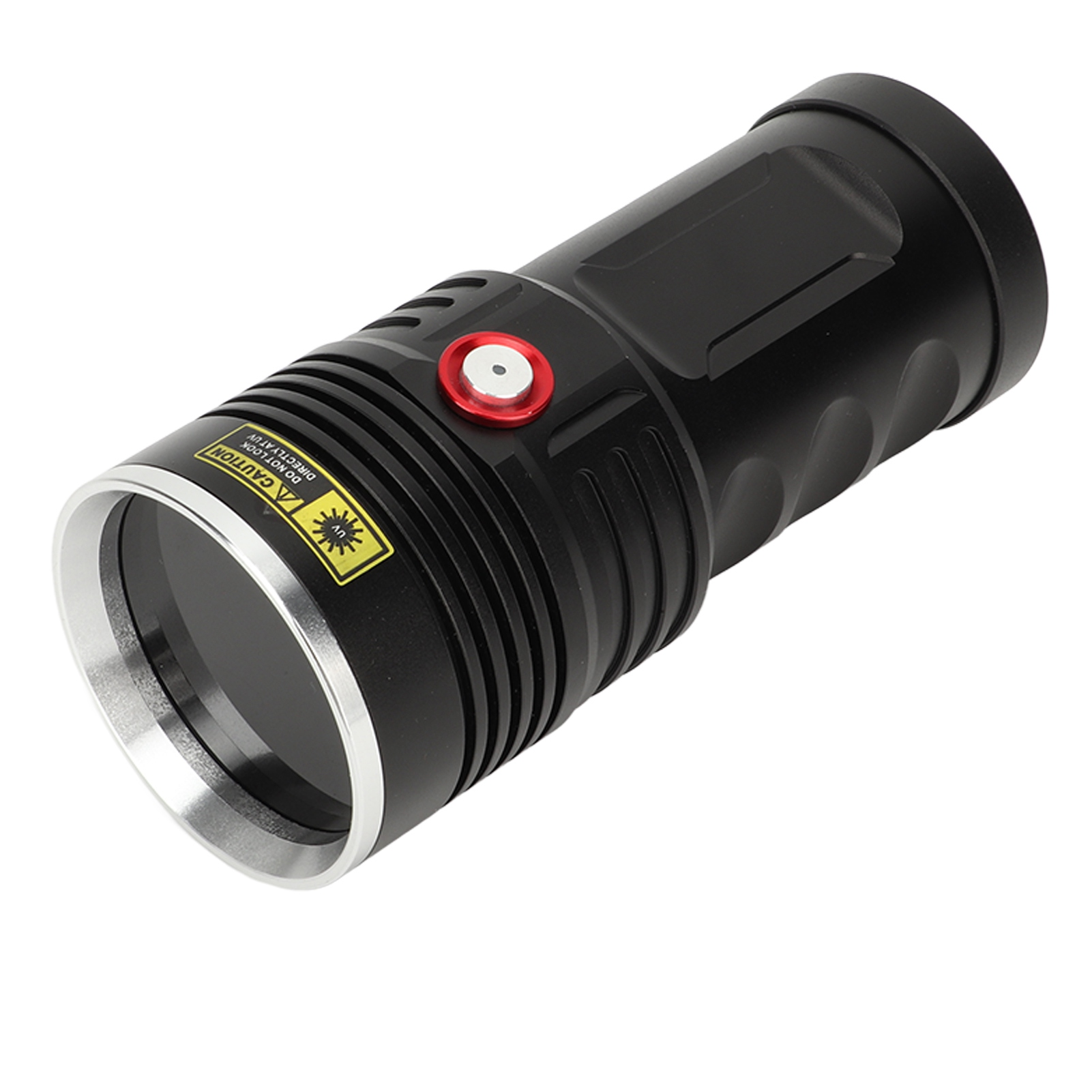 Schwarze Taschenlampe mit rotem Knopf und Warnaufkleber.