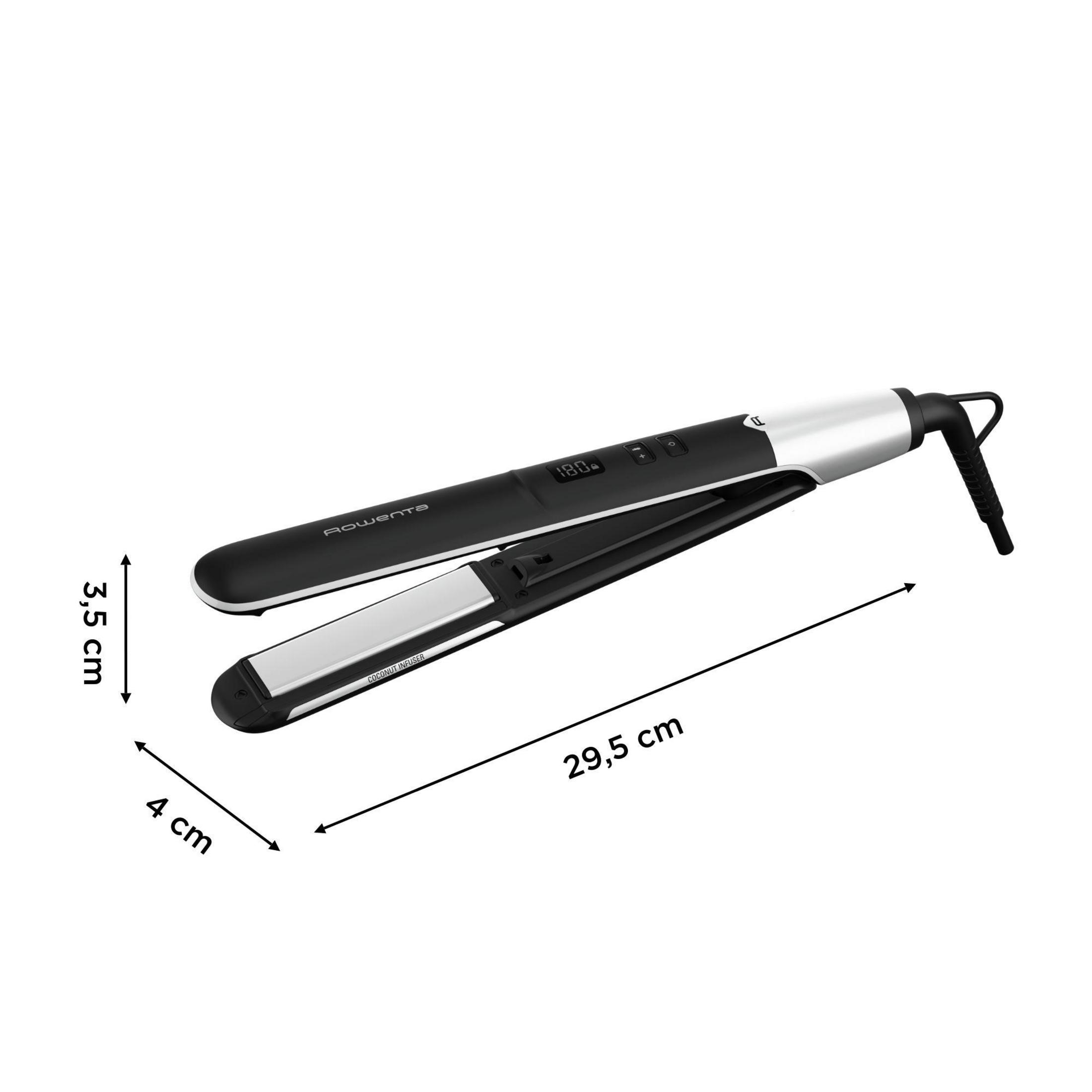 Schwarzer Rowenta Glätteisen mit silbernen Elementen, 180°C Anzeige.
