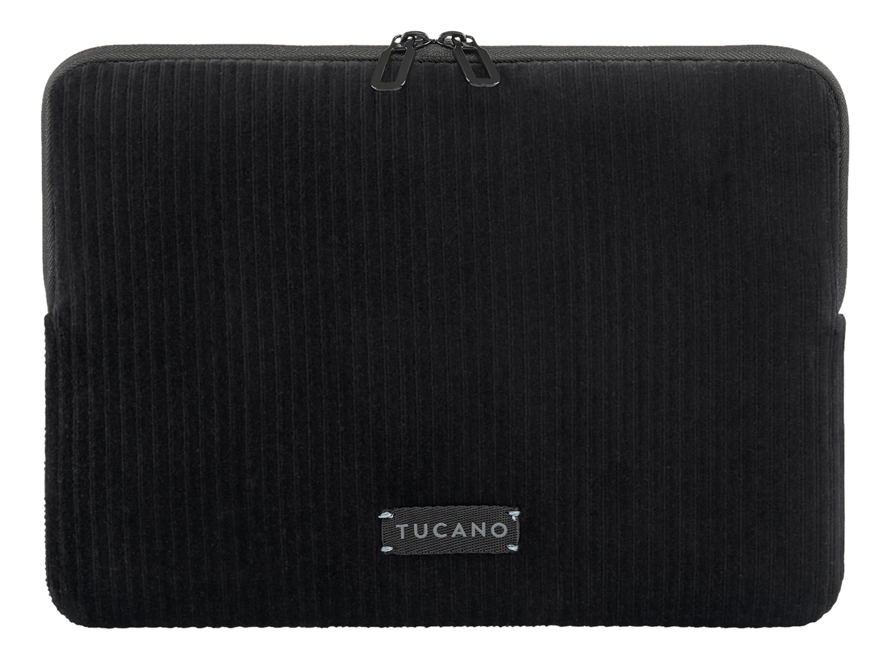 Schwarze Cord-Laptoptasche mit Reißverschluss und Tucano-Logo.