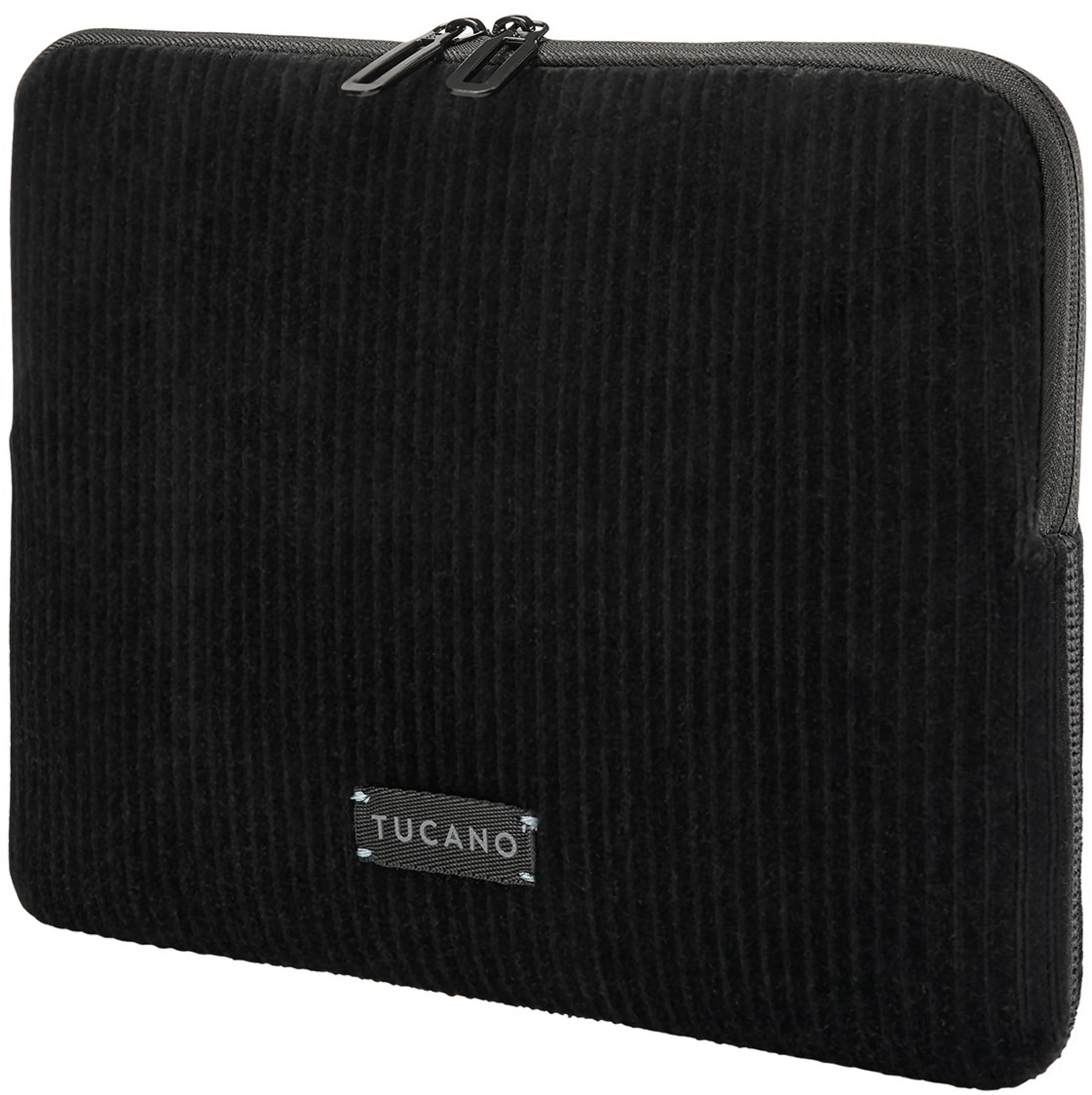 Schwarze Cord-Laptoptasche mit Reißverschluss und Tucano-Logo.