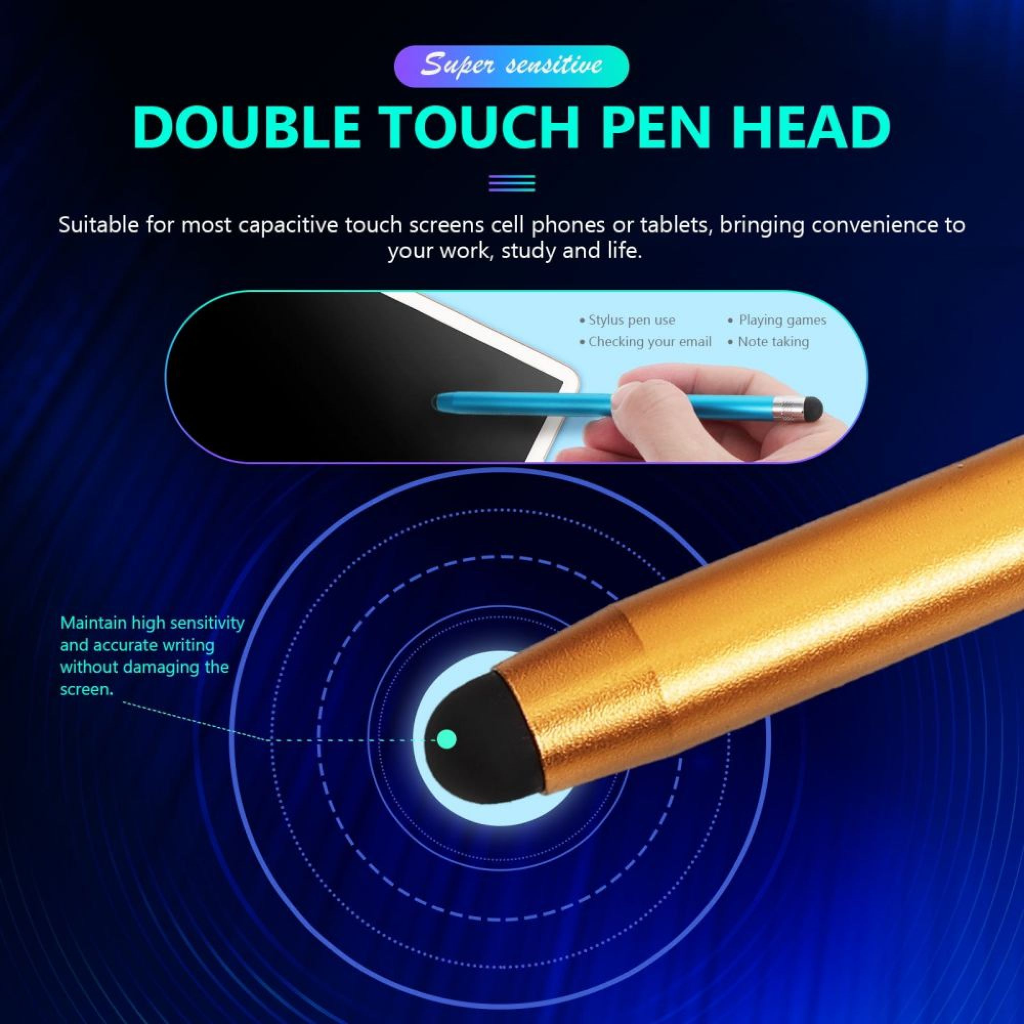 Goldener Stylus-Stift mit schwarzer Spitze auf blauem Hintergrund mit Kreisen.