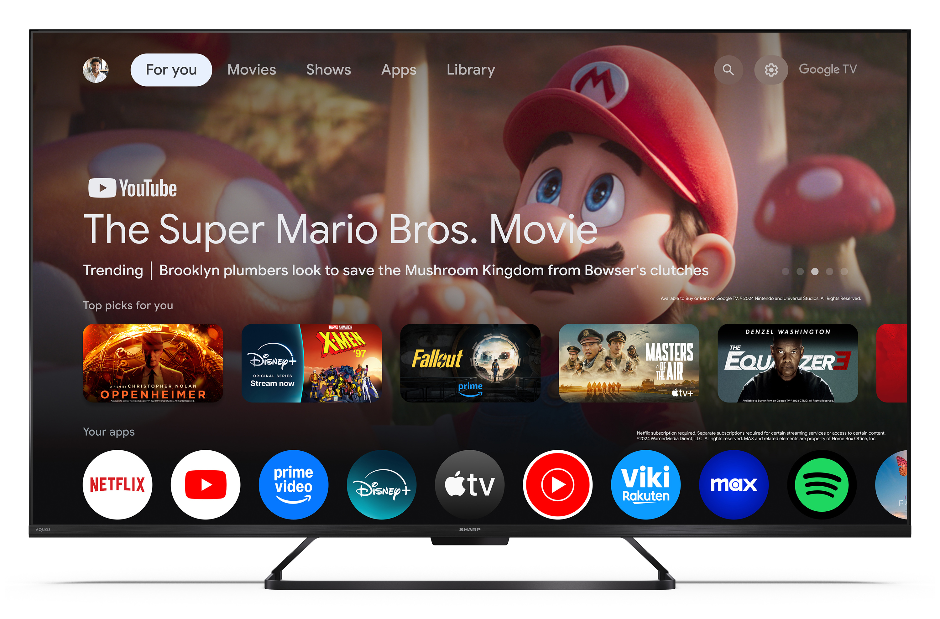 Google TV-Startbildschirm mit dem Film "Super Mario Bros. Movie" und App-Symbolen.