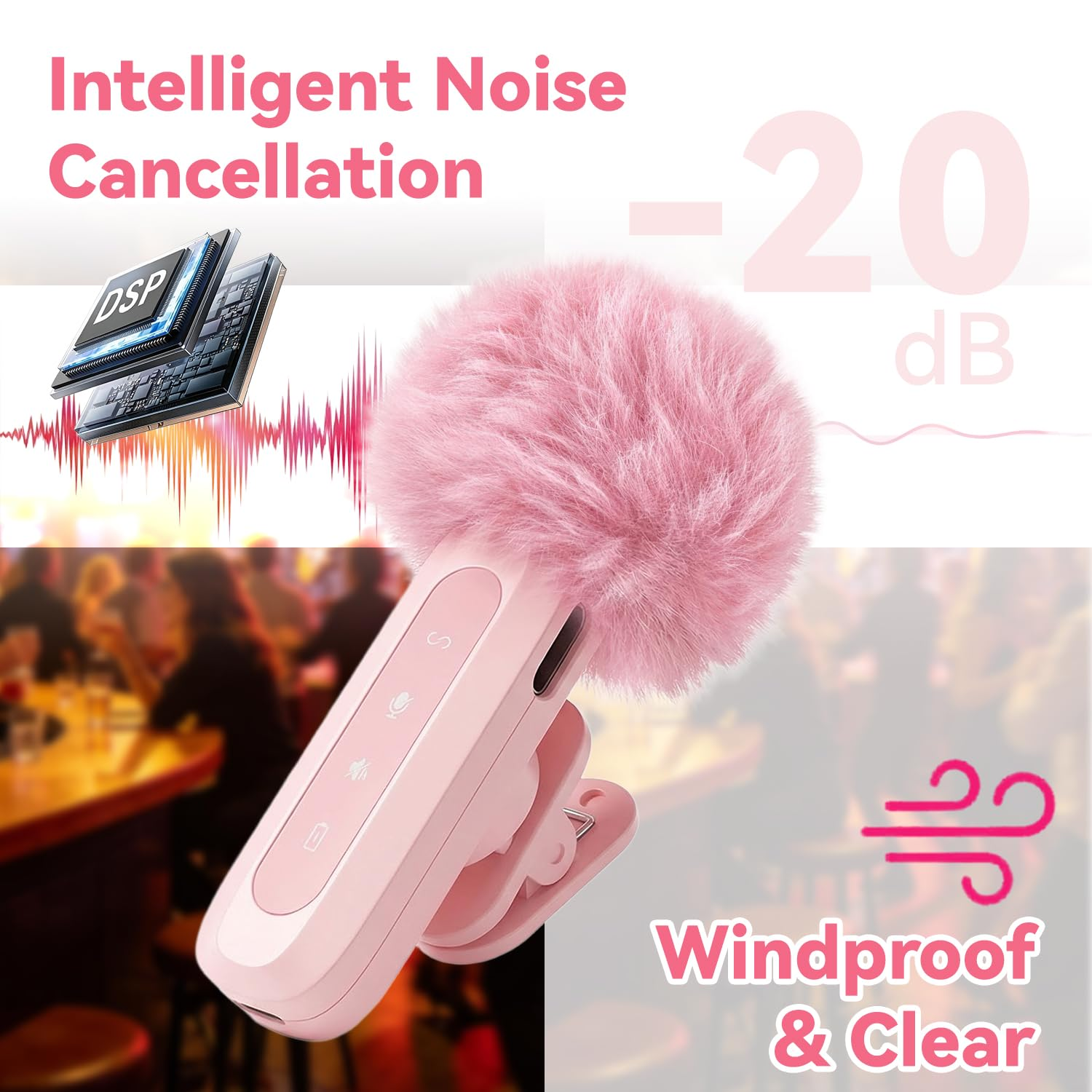 Pinkes Mikrofon mit flauschiger Windabdeckung, DSP-Chip und Schallwellengrafiken.