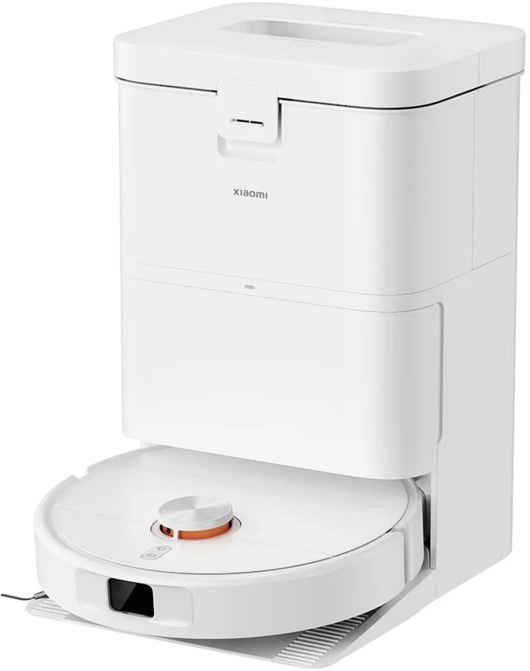 Ein weißer Saugroboter mit Dockingstation, Xiaomi-Logo.