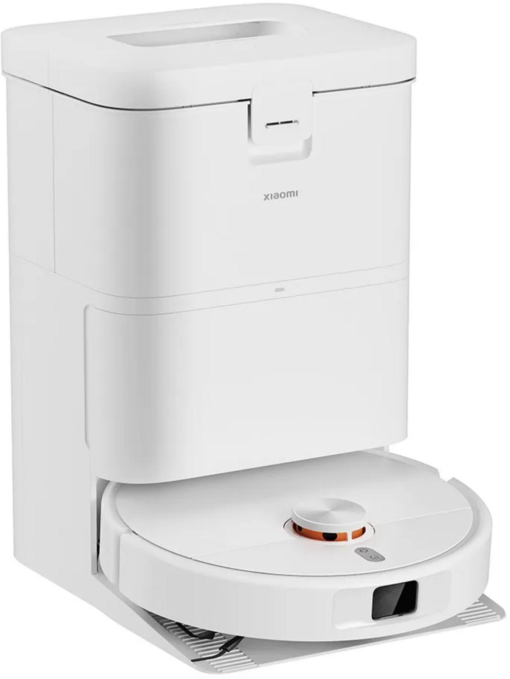 Weißer Xiaomi Saugroboter mit Ladestation. Mit rundem Sauger und hohem Sockel.