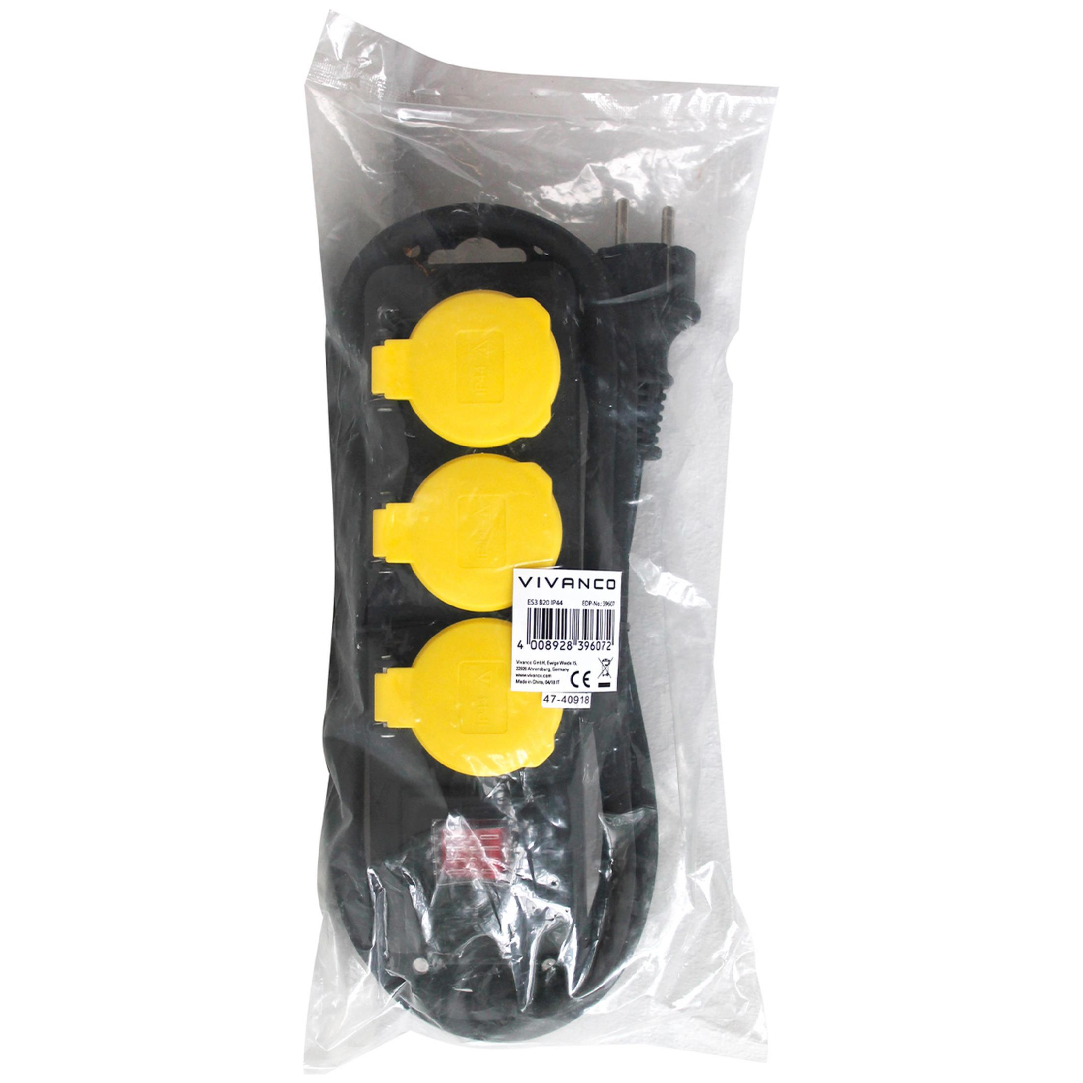 Cable de extensión negro con tres cubiertas de enchufe amarillas, en paquete.