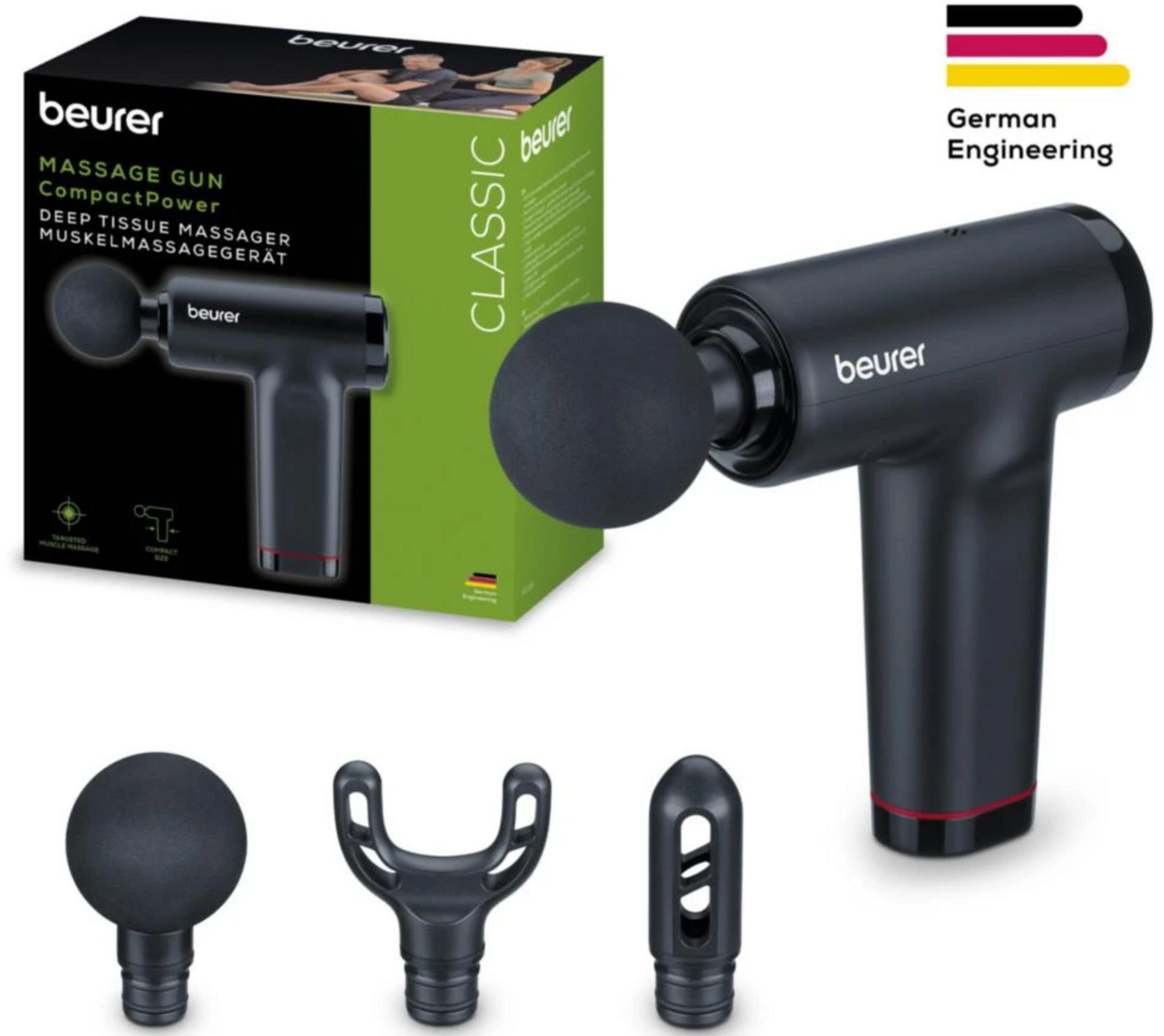 Schwarze Massagepistole mit Zubehör und Verpackung, "German Engineering".