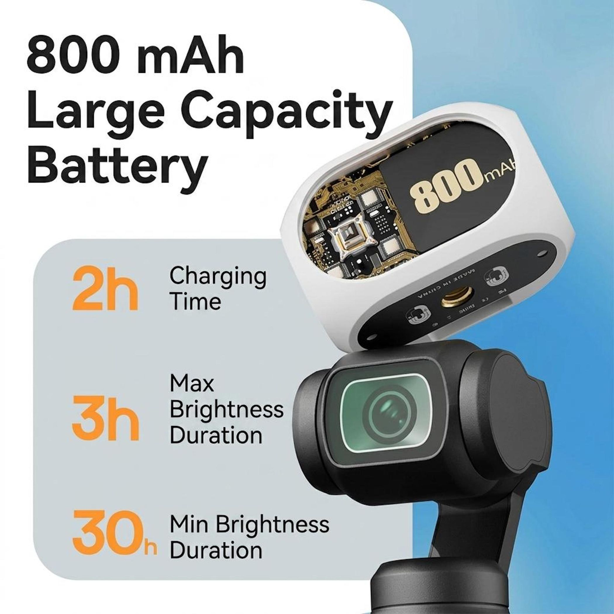 800 mAh Akku mit großer Kapazität, 2h Ladezeit, 3h max. Helligkeit, 30h min. Helligkeit.