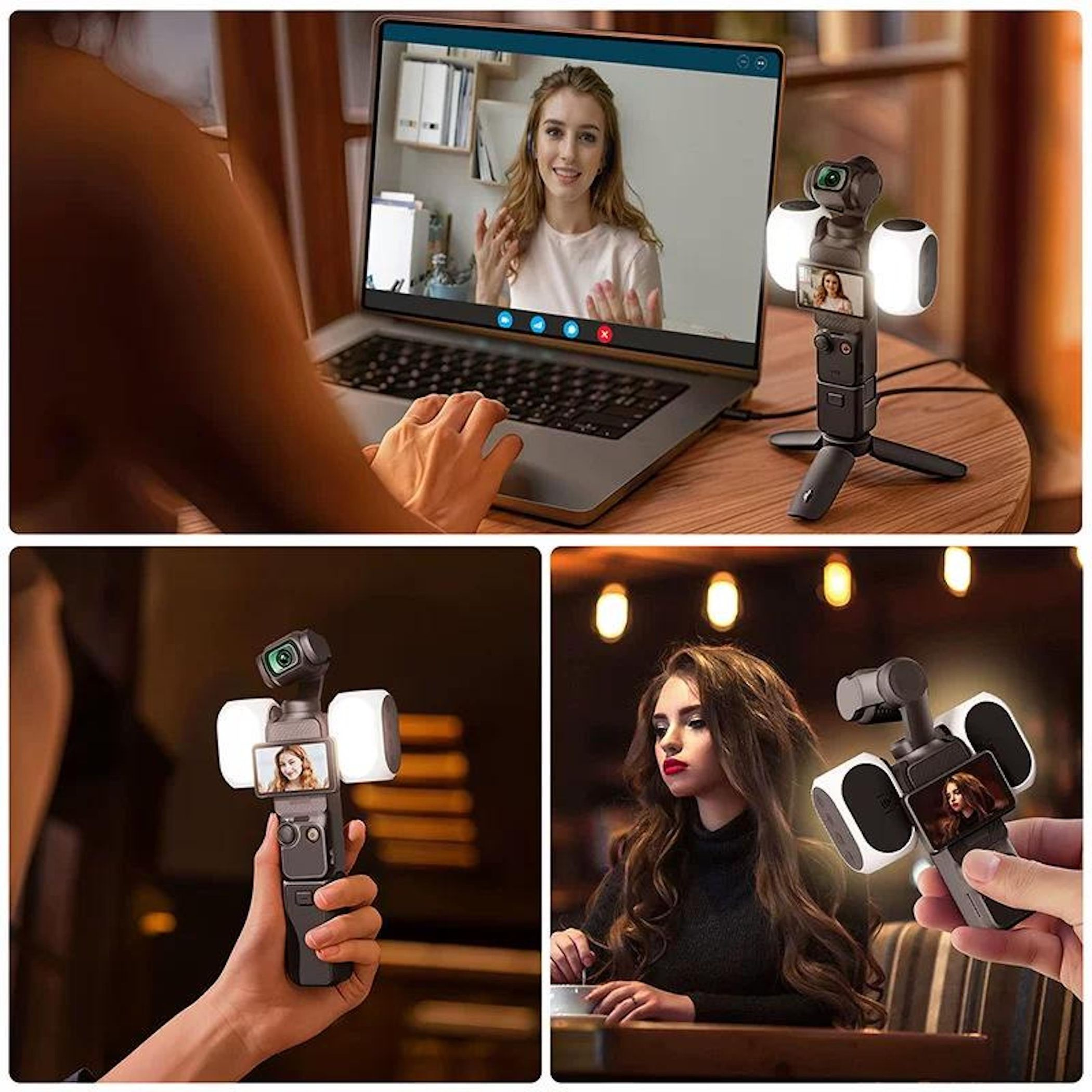 Person filmt sich mit Gimbal und Lichtern vor Laptop, hält Gimbal, Frau sitzt am Tisch.