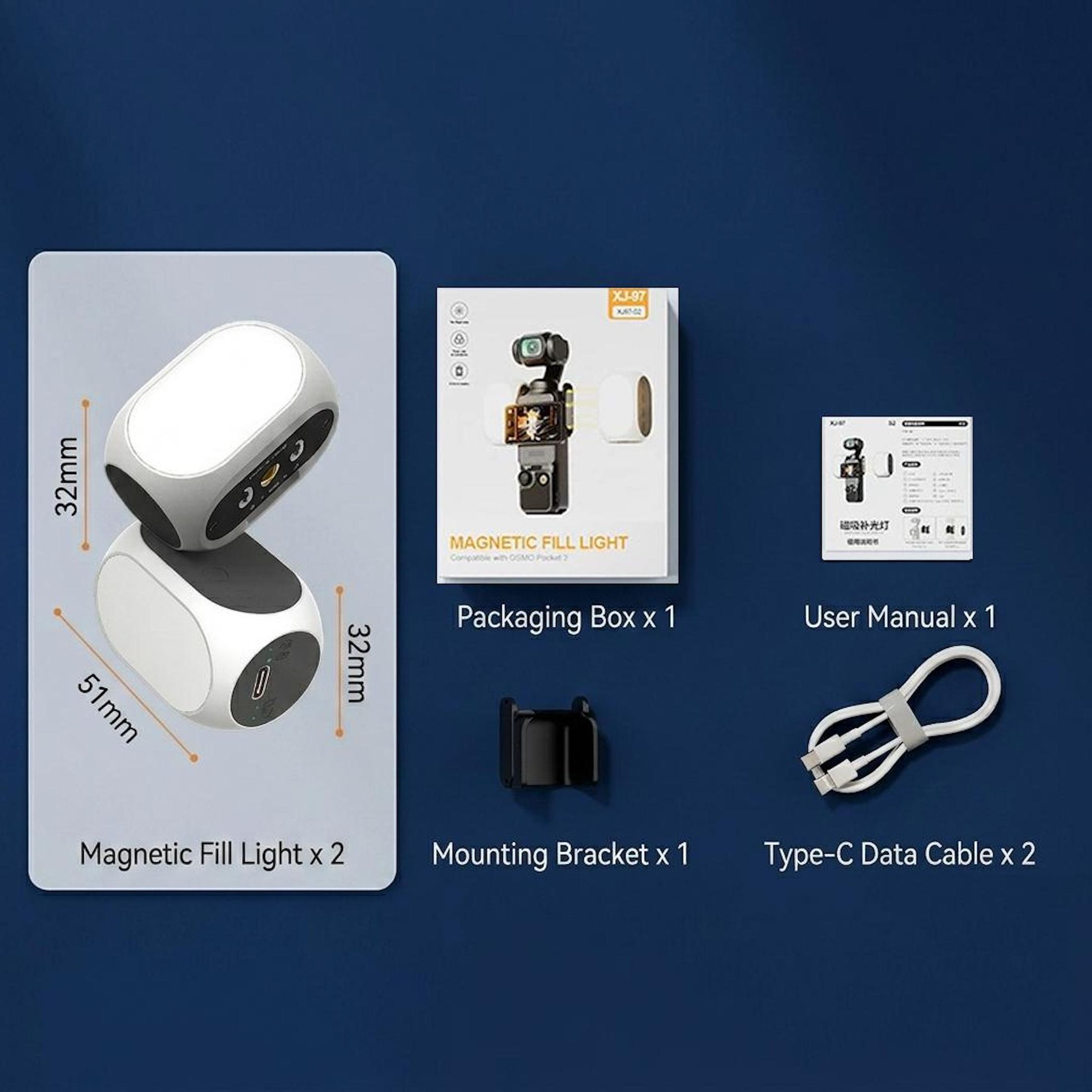 Zwei weiße Magnet-Aufhelllichter, Verpackung, Handbuch, Halterung und Kabel.