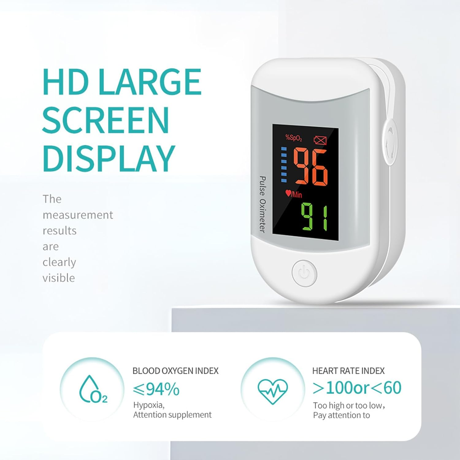 Ein weißes Pulsoximeter mit HD-Display zeigt Sauerstoff und Puls an.