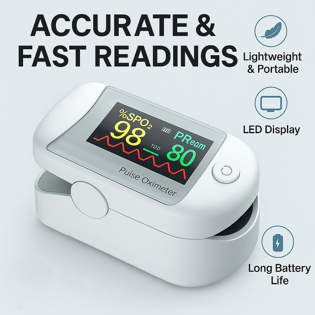 Ein weißes Pulsoximeter mit einem LED-Display, das 98% SpO2 und 80 Schläge pro Minute anzeigt.