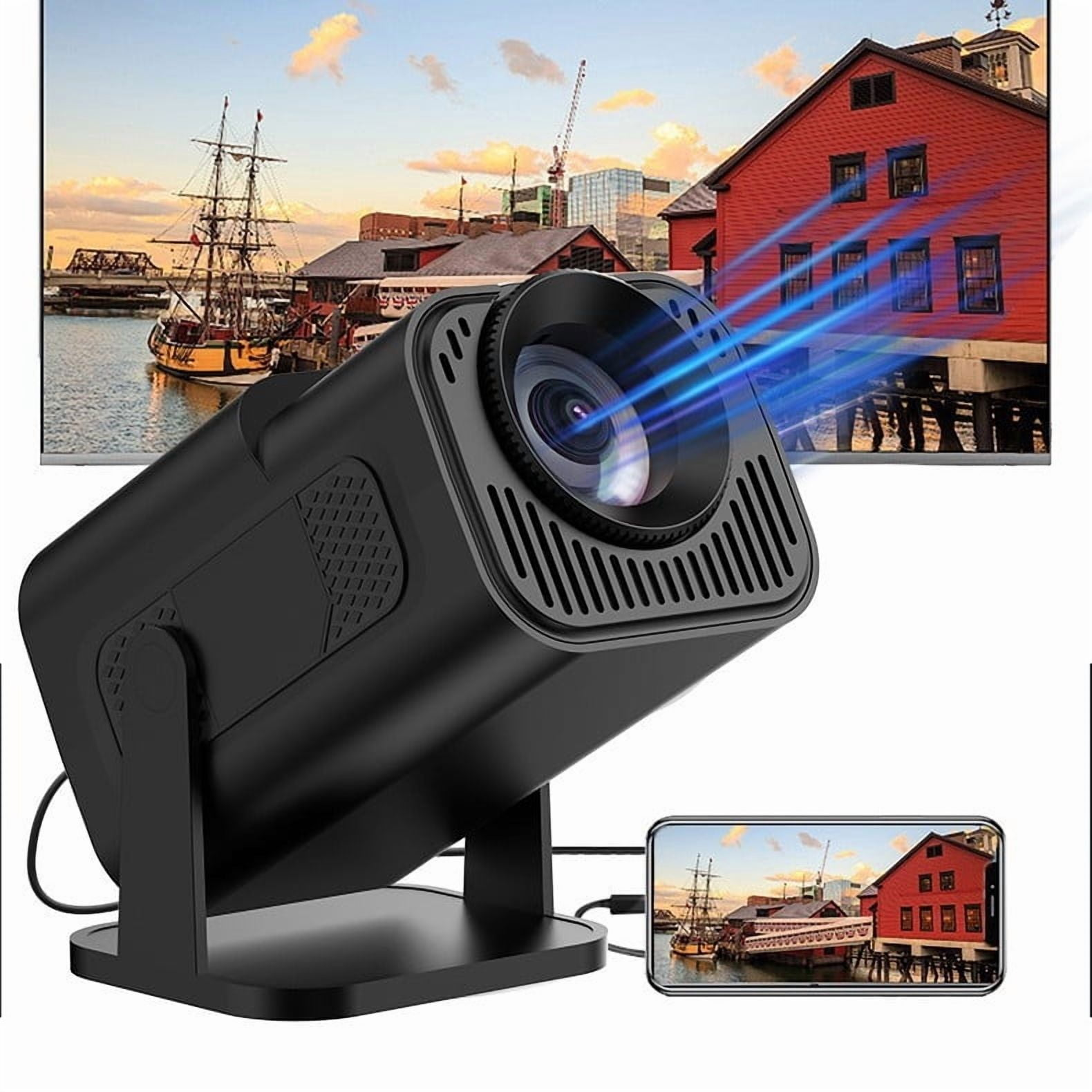 Ein schwarzer Projektor mit blauen Lichtstrahlen, der ein Bild von einem Schiff und Gebäuden anzeigt.