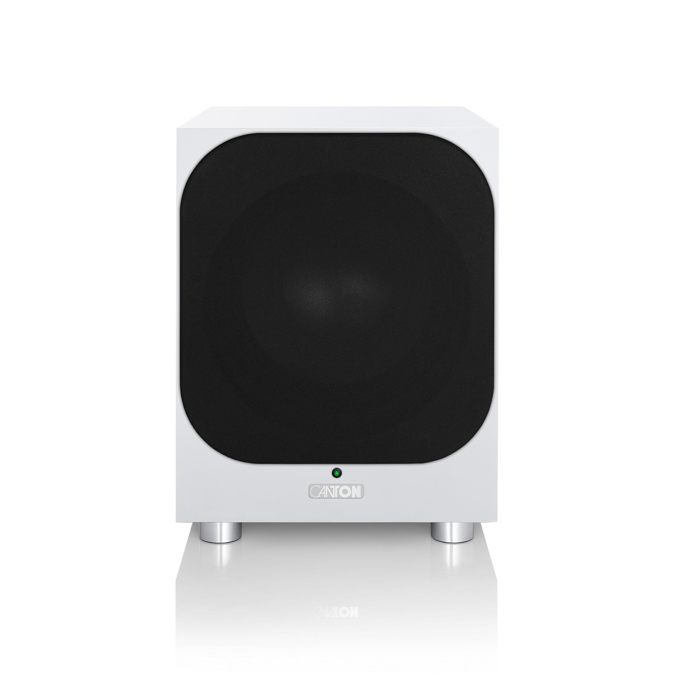 Weißer Subwoofer mit schwarzem Gitter und silbernen Füßen.