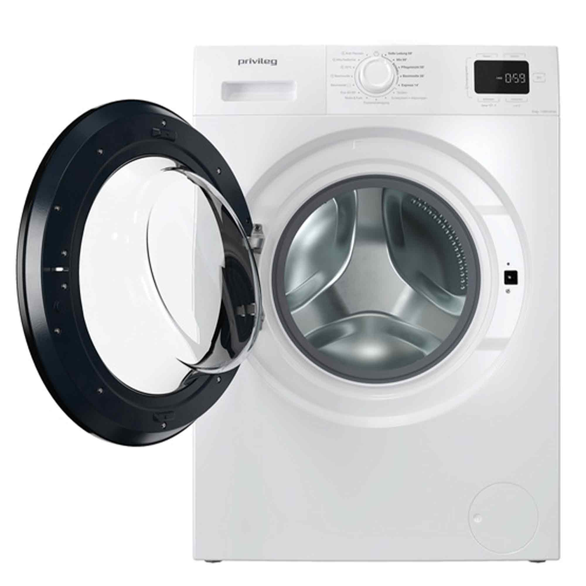 Weiße Waschmaschine mit geöffneter schwarzer Tür und Trommel sichtbar.