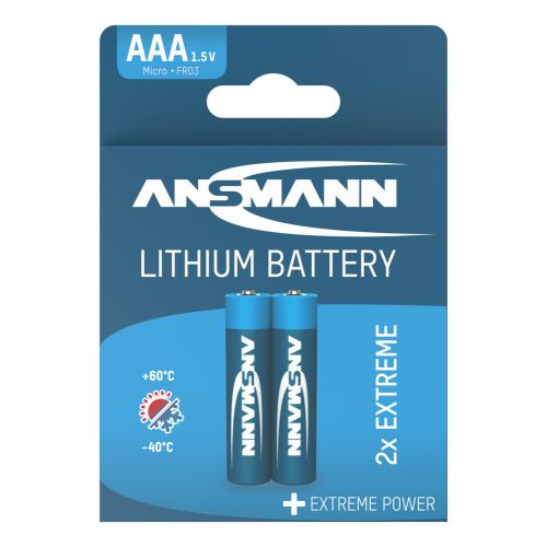 Zwei AAA Lithiumbatterien von Ansmann auf blauem Karton, 1,5V.