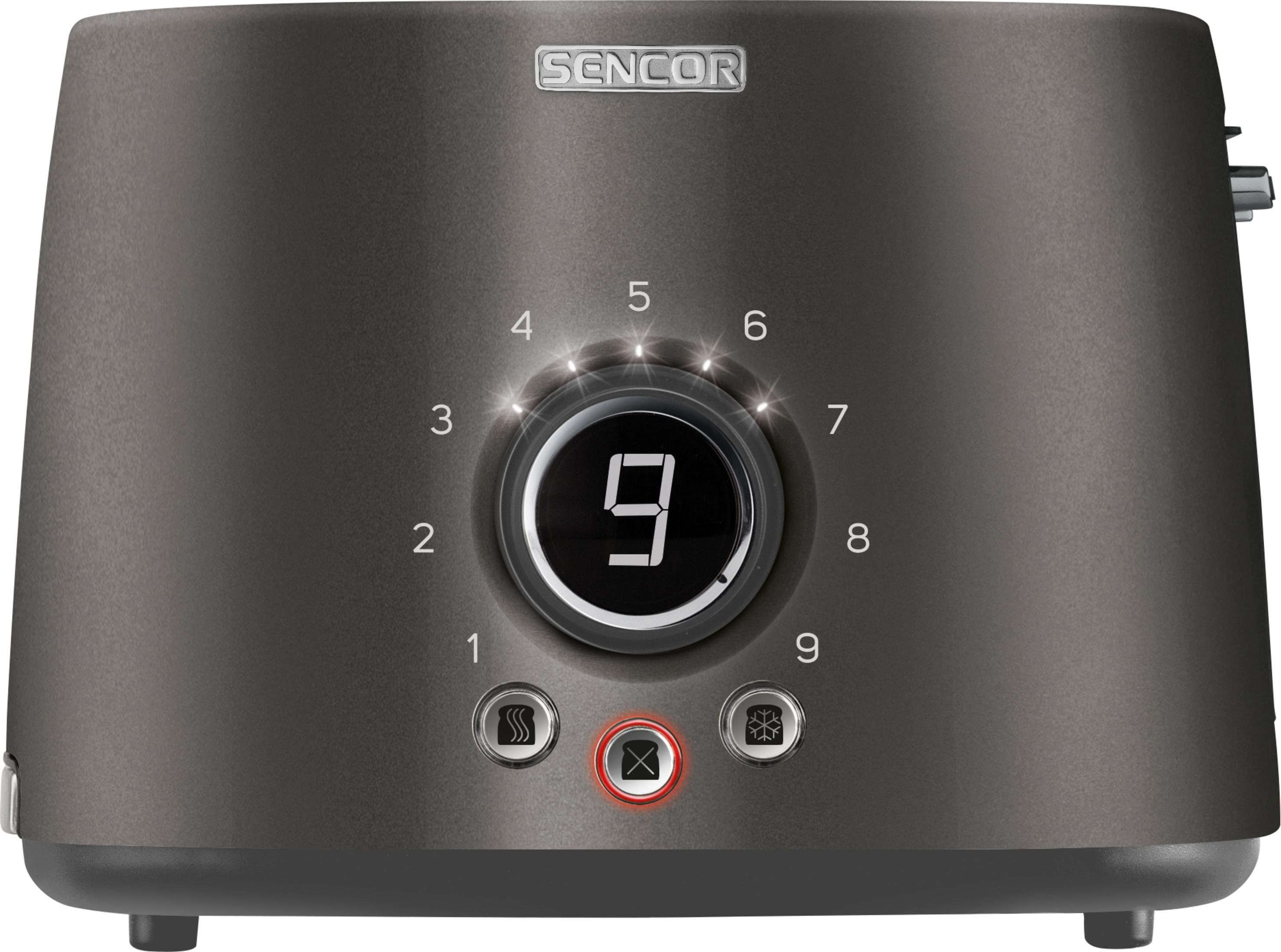 Grille-pain gris foncé avec écran numérique et molette. Logo "SENCOR" en haut.