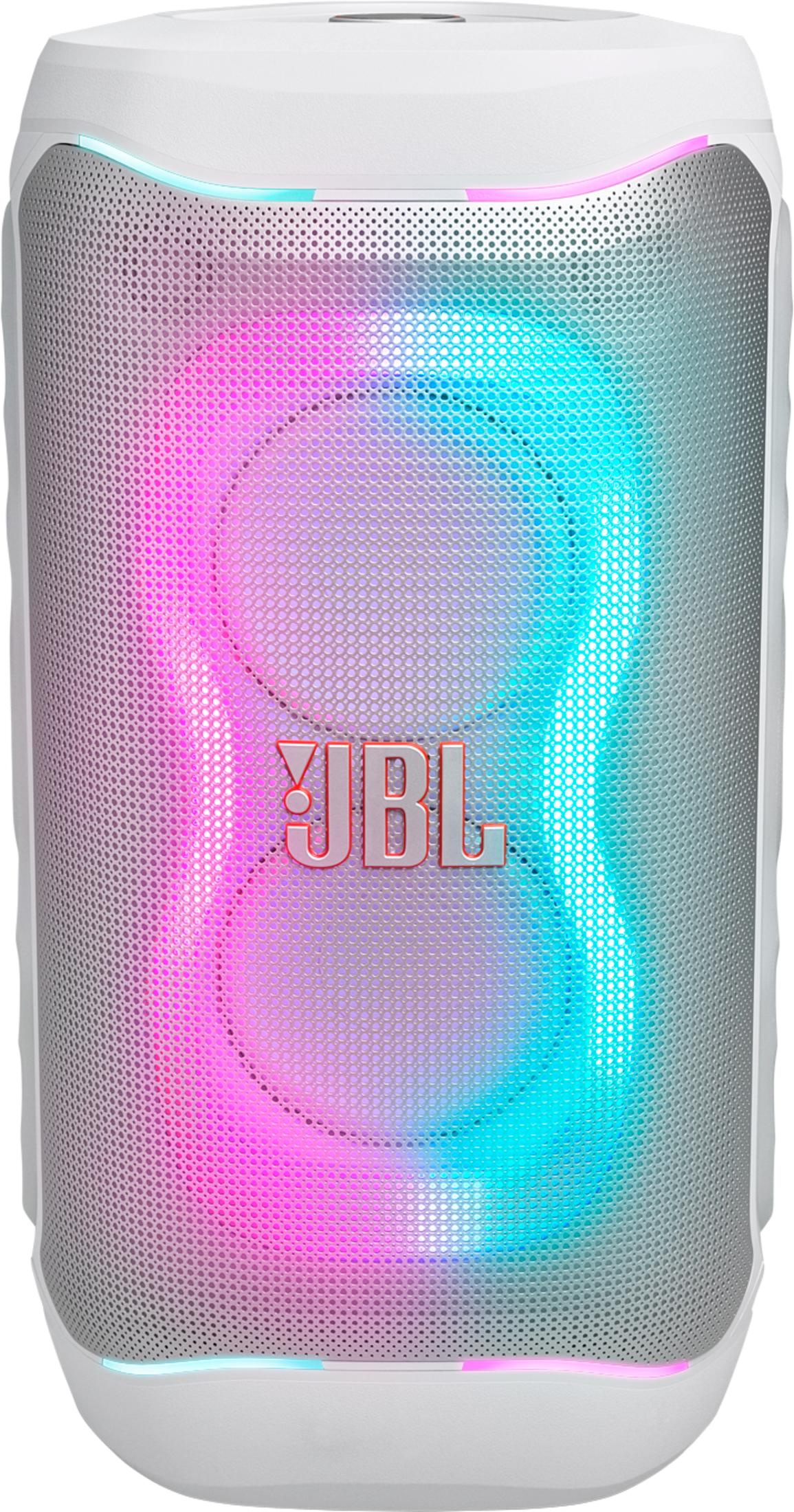 Un altavoz JBL blanco con iluminación rosa y azul.