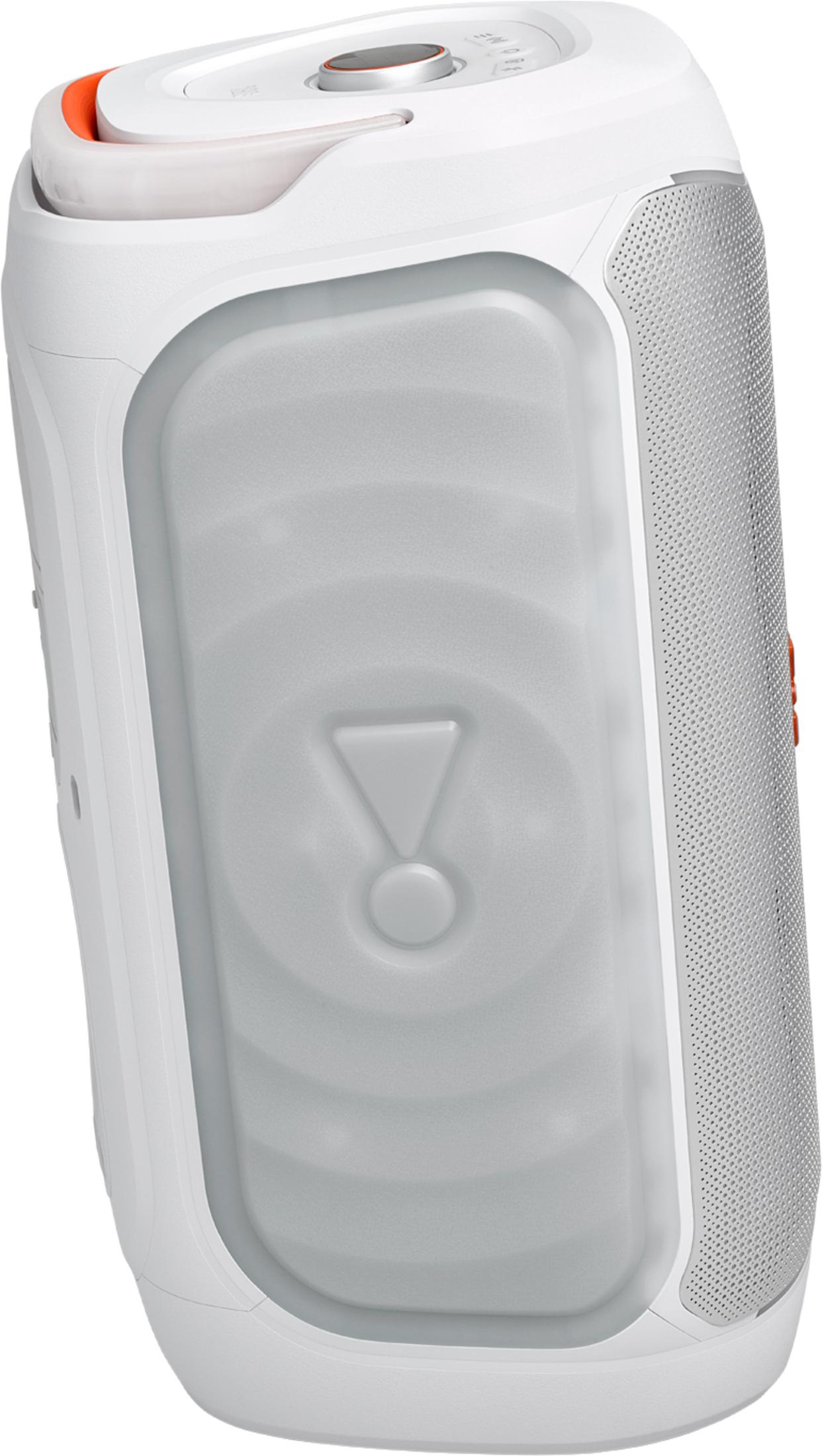Un altavoz portátil blanco con panel frontal gris en relieve y rejilla plateada.