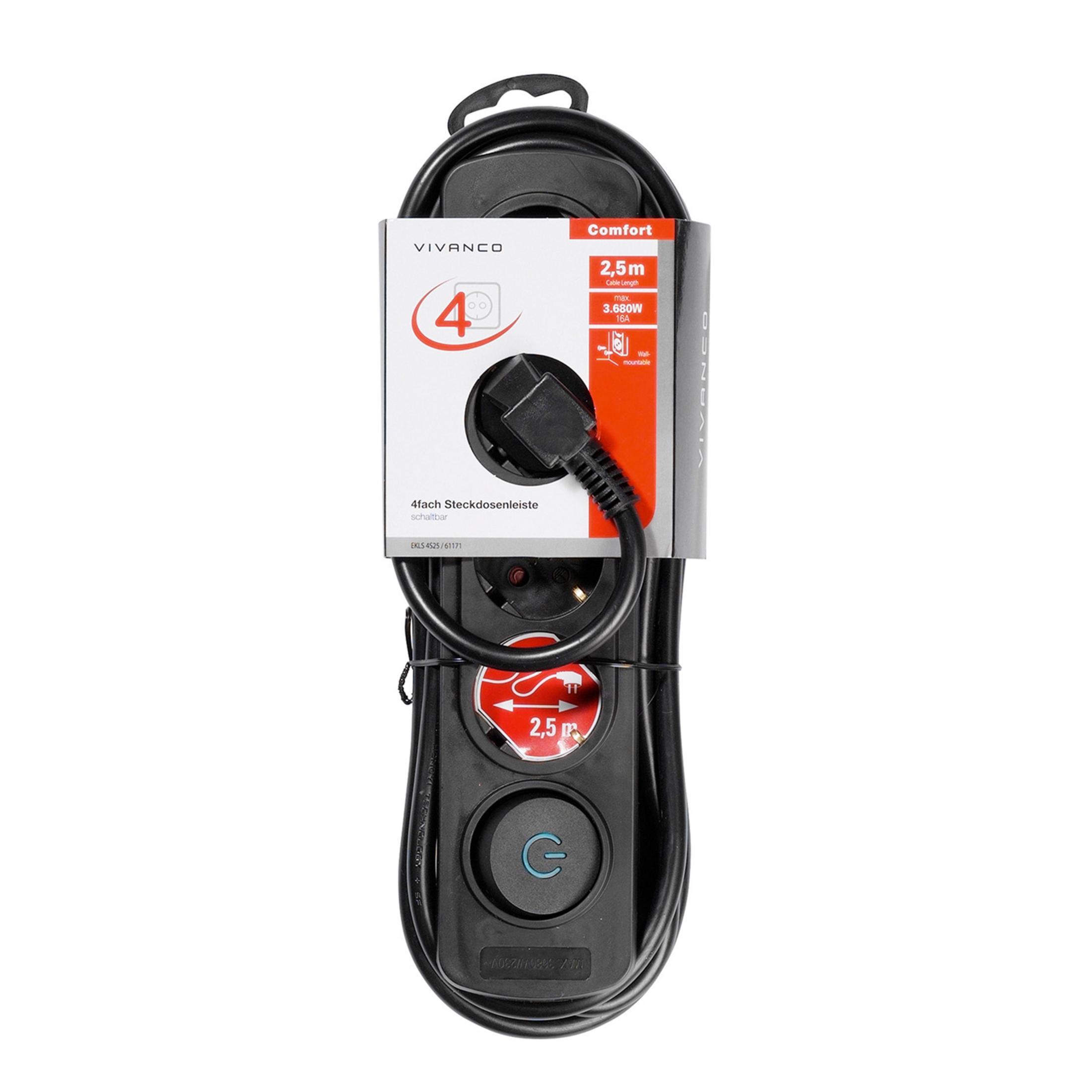 Regleta negra de 2.5m y 4 enchufes Vivanco con interruptor y asa.