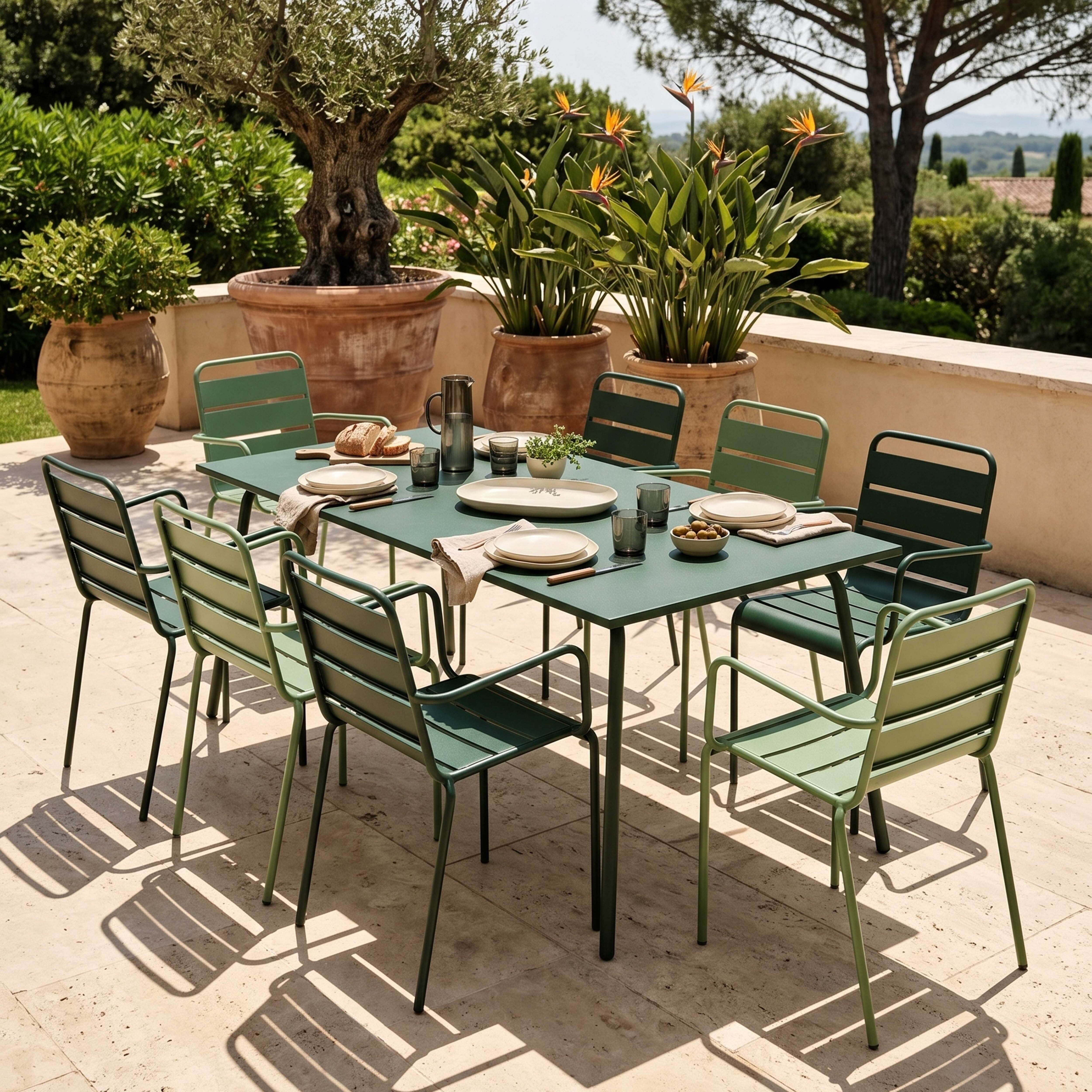 Grüner Metall-Tisch und Stühle auf einer Terrasse mit Topfpflanzen und Olivenbaum.