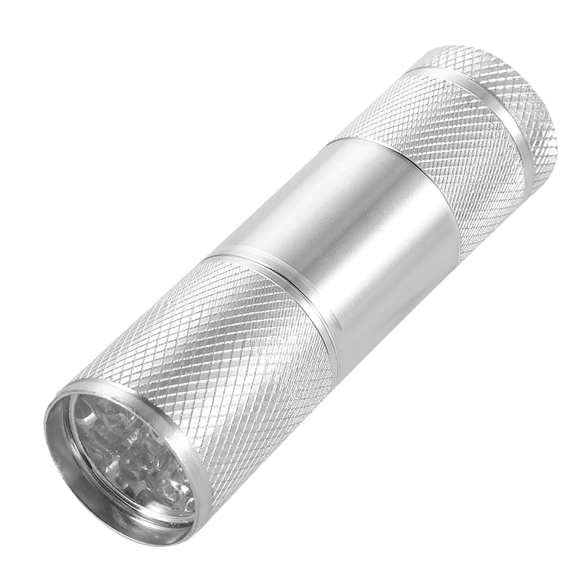 Silberne Taschenlampe mit gerändeltem Griff und LEDs am Kopf.