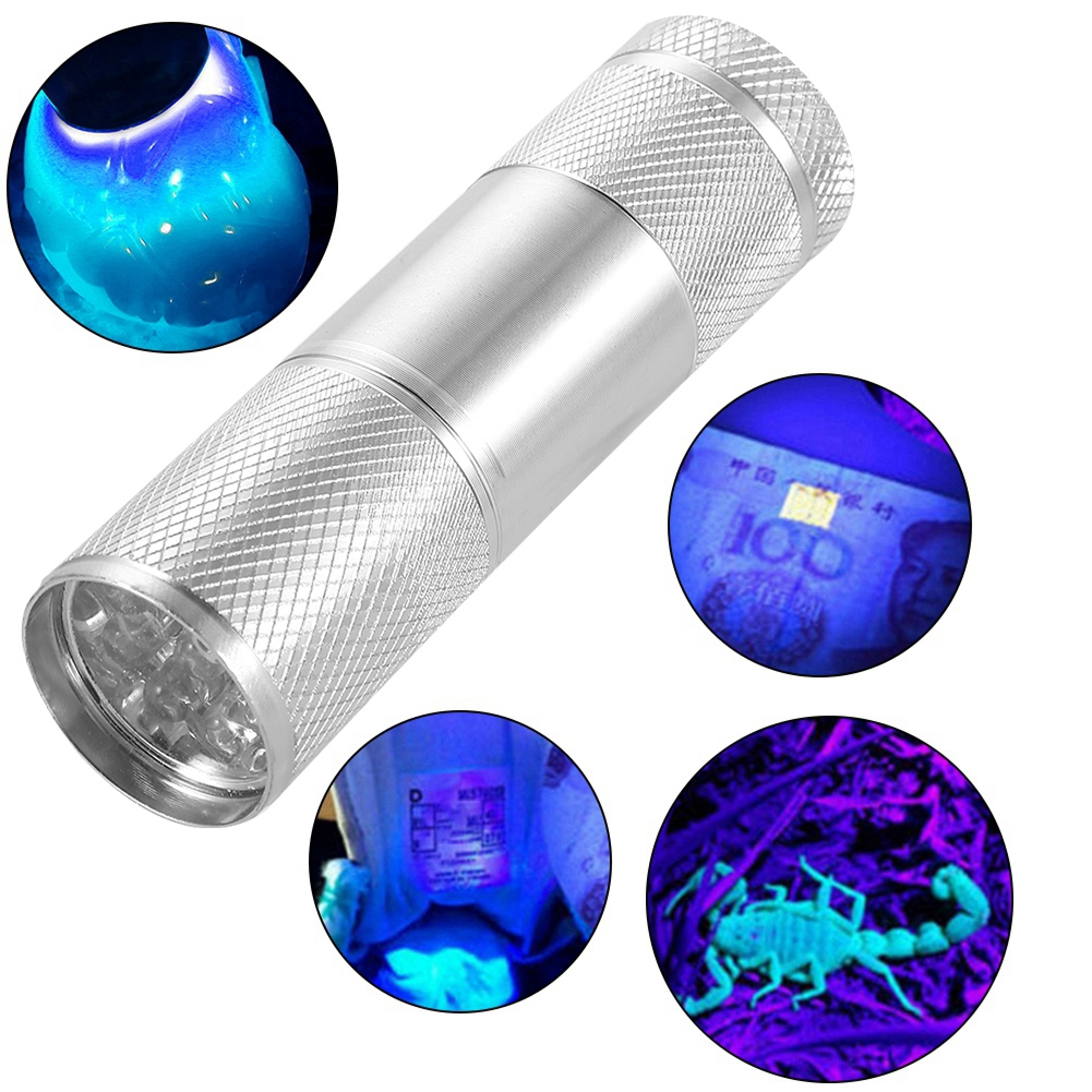Silberne UV-Taschenlampe mit Nahaufnahmen: Flüssigkeit, Geldschein, Etikett, Skorpion.
