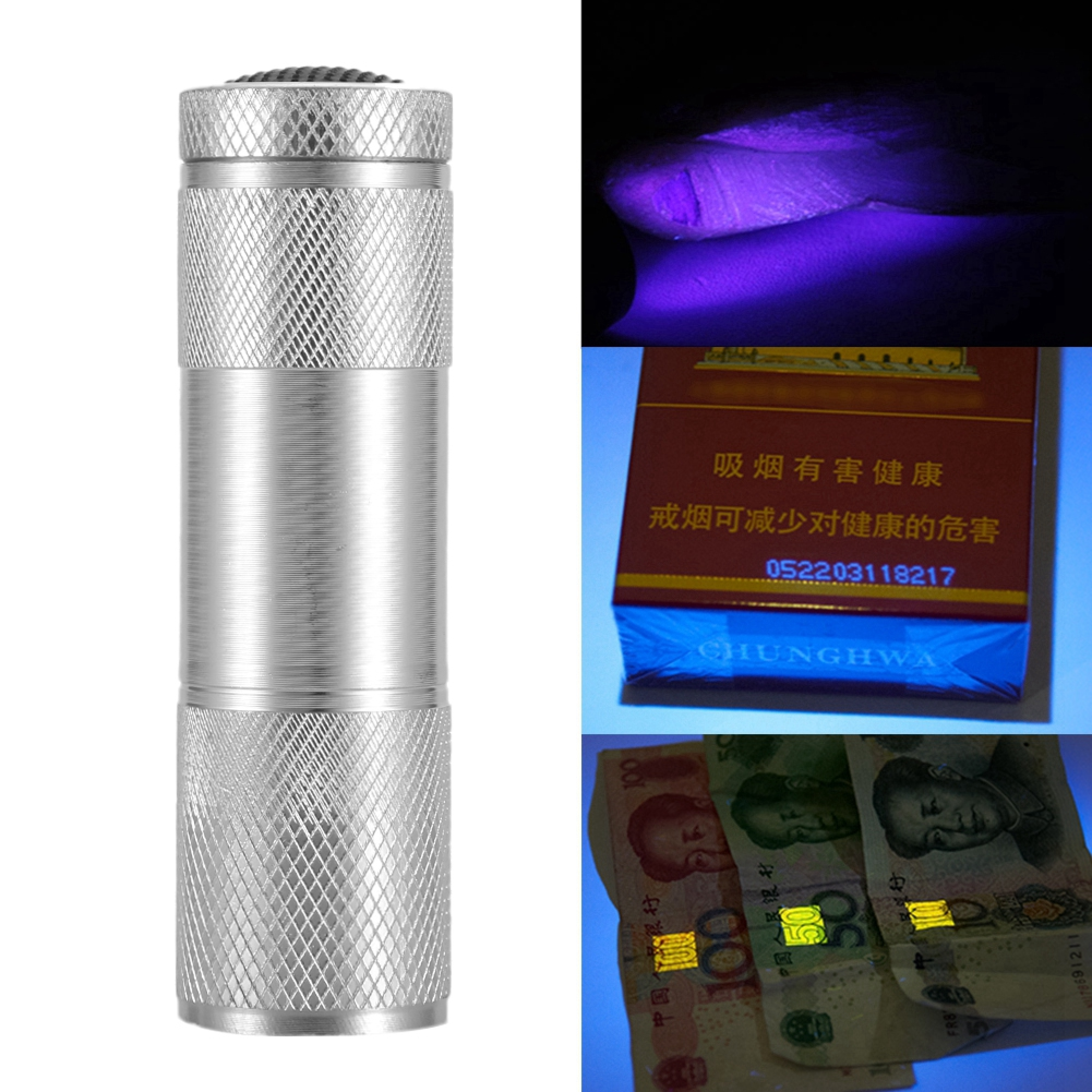 Silberne UV-Taschenlampe leuchtet Zigarettenpackung und Geldscheine an.