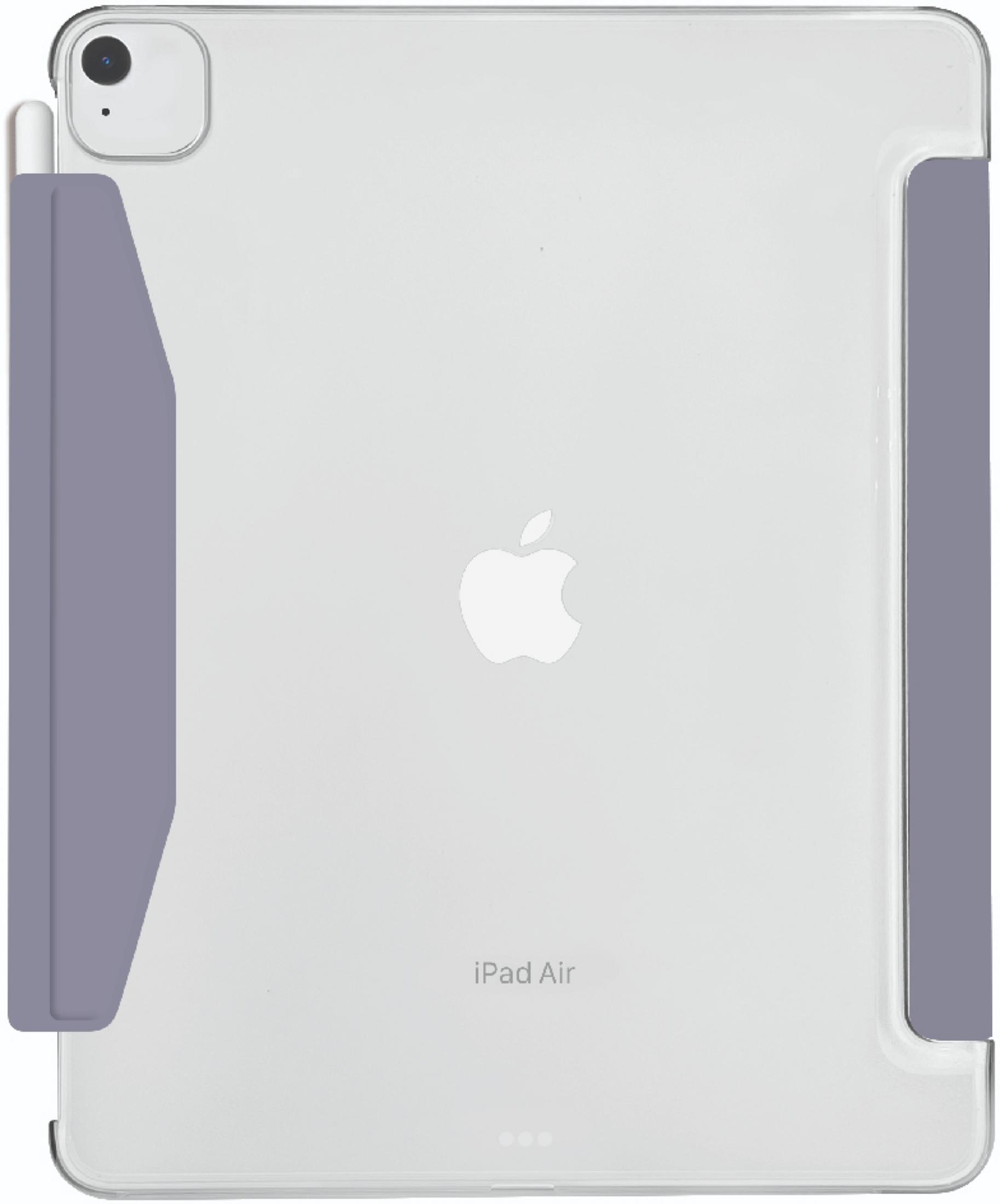 Rückseite eines iPads mit Apple Logo und lila Hülle.