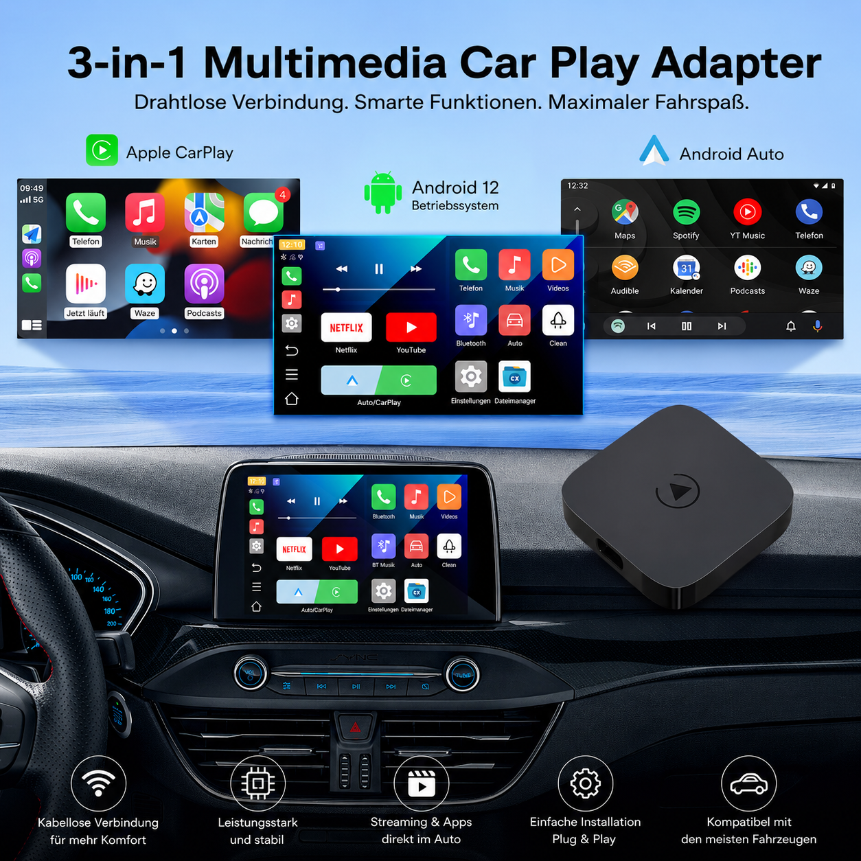 3-in-1 Multimedia-Adapter mit Apple CarPlay und Android Auto auf Autodisplays.