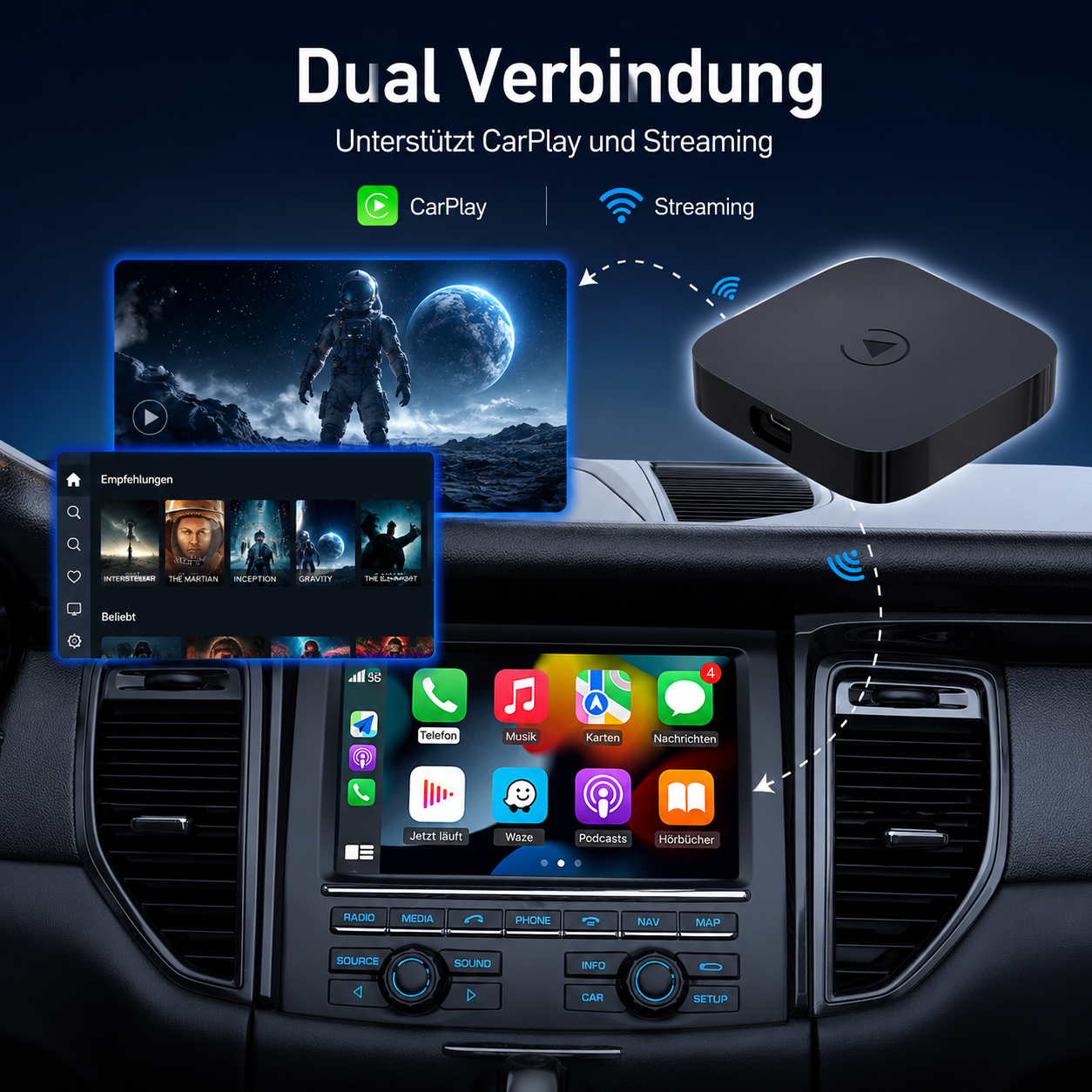 Ein Auto-Infotainmentsystem zeigt CarPlay mit Filmen und Apps. Ein schwarzes Dongle-Gerät ist daneben abgebildet.