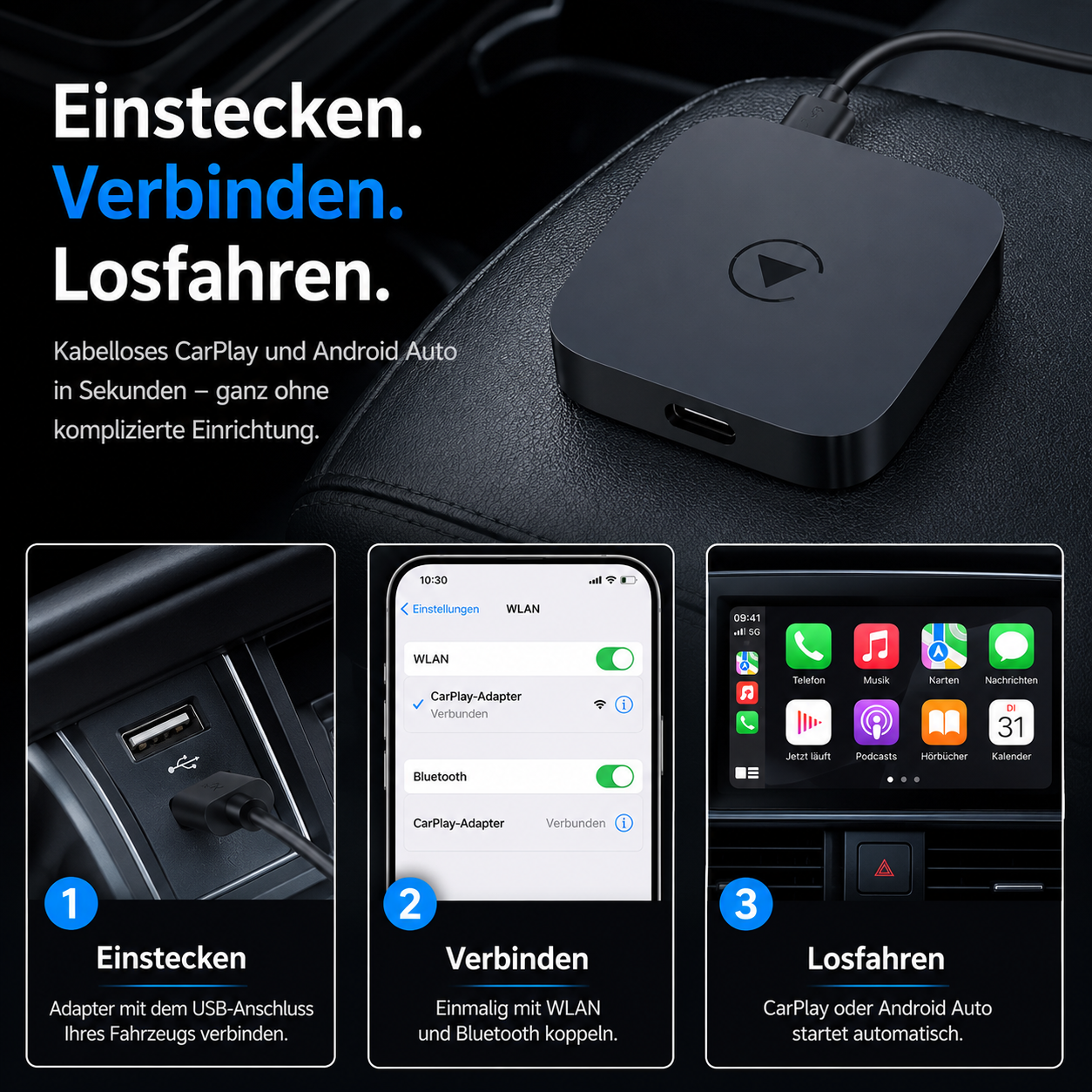 Schwarzer Adapter mit Kabel in Auto-USB-Buchse, Handy-WLAN-Einstellungen und Auto-Display.