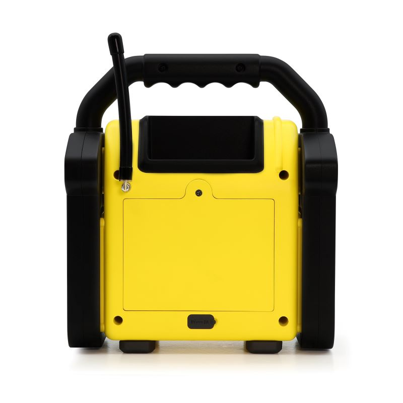Dispositivo giallo con manico e antenna neri, su sfondo bianco.