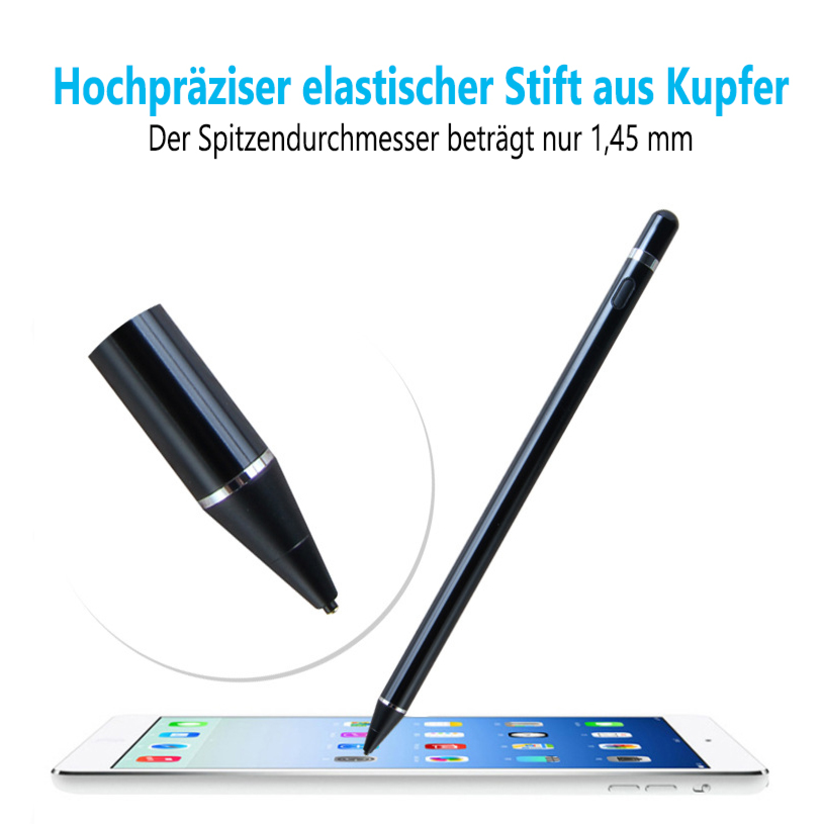 Schwarzer Stift auf weißem Hintergrund mit einem Tablet.