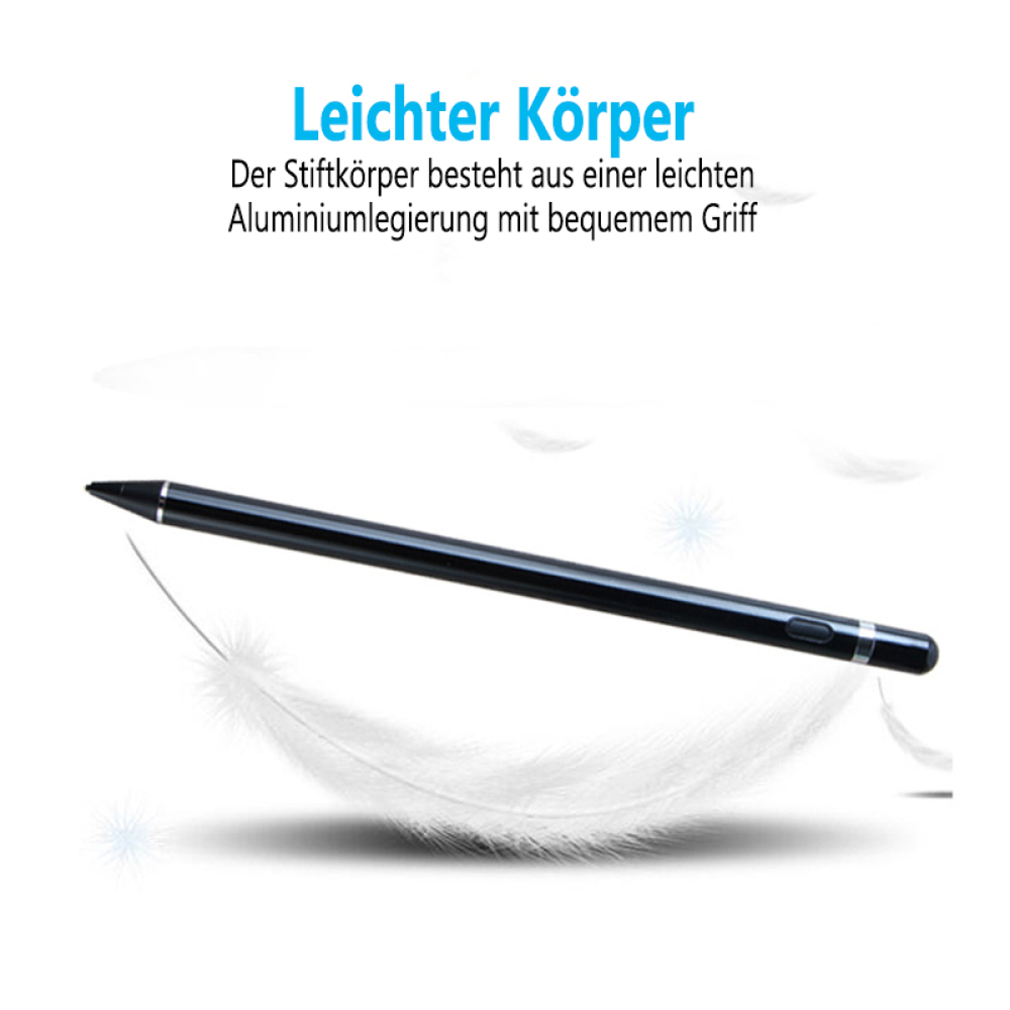 Schwarzer Stift auf weißem Hintergrund mit Federn. Leichter Körper.