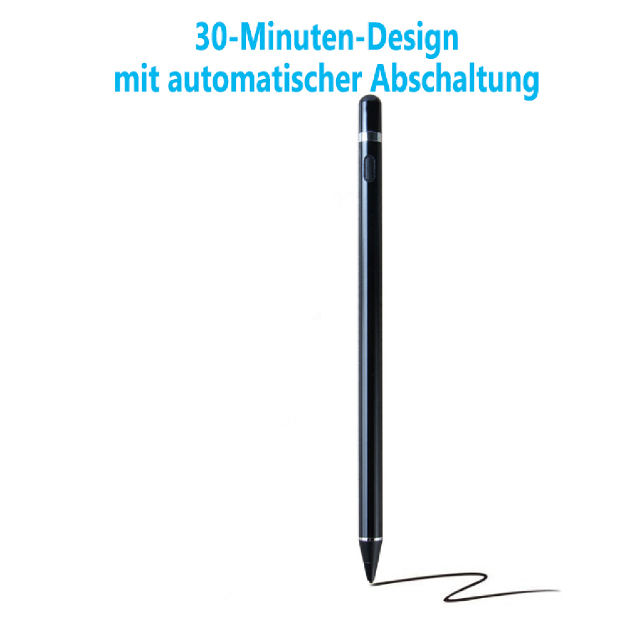 Schwarzer Stift mit silbernen Akzenten, der auf weißem Hintergrund eine Linie zieht.