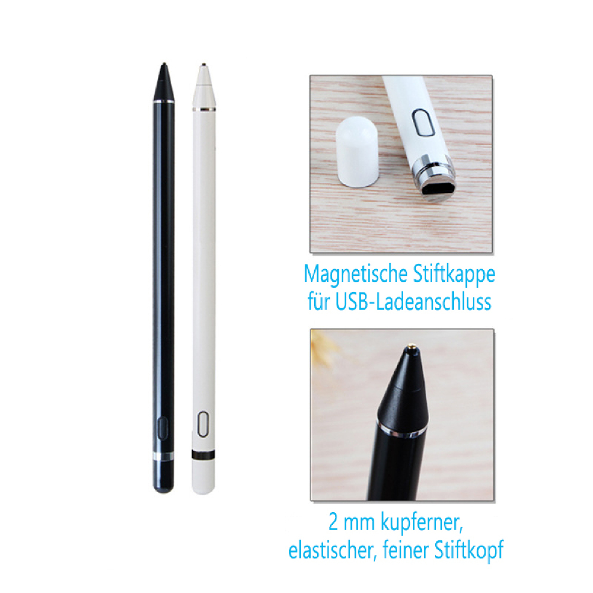 Ein schwarzer und ein weißer Stift mit Details und Text.