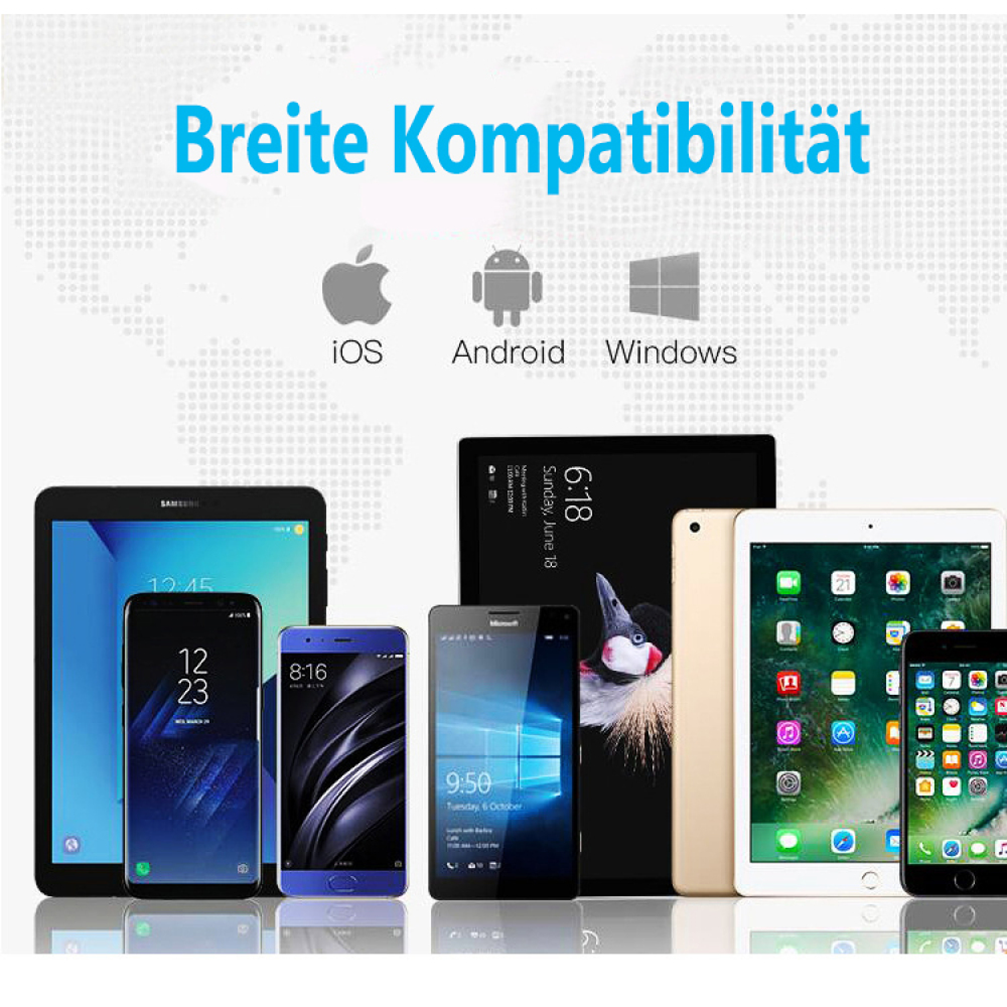 Breite Kompatibilität mit iOS, Android und Windows, gezeigt durch verschiedene Geräte.