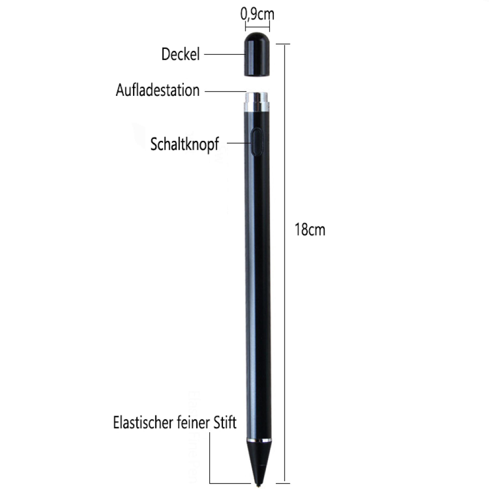 Schwarzer Stift mit abnehmbarem Deckel und Maßen 18cm und 0,9cm.