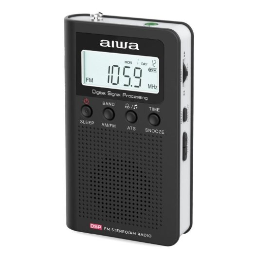 Una radio estéreo/AM digital Aiwa DSP FM negra con pantalla digital que muestra 105,9 MHz.