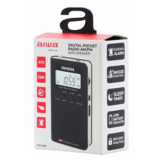 Embalaje de una radio digital Aiwa negra con AM/FM y altavoz.