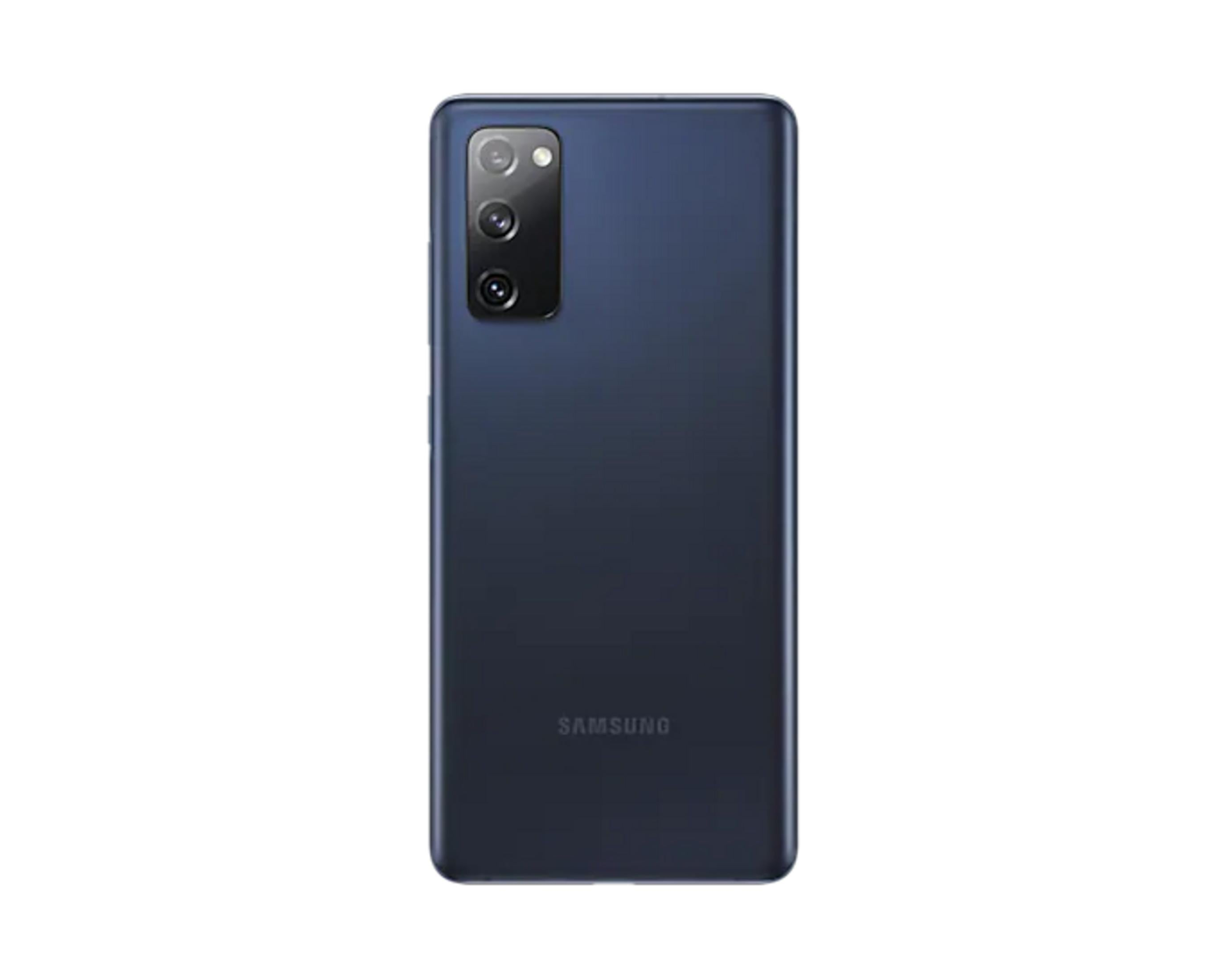 Dunkelblaues Samsung Smartphone von hinten mit Kameralinsen und Logo.