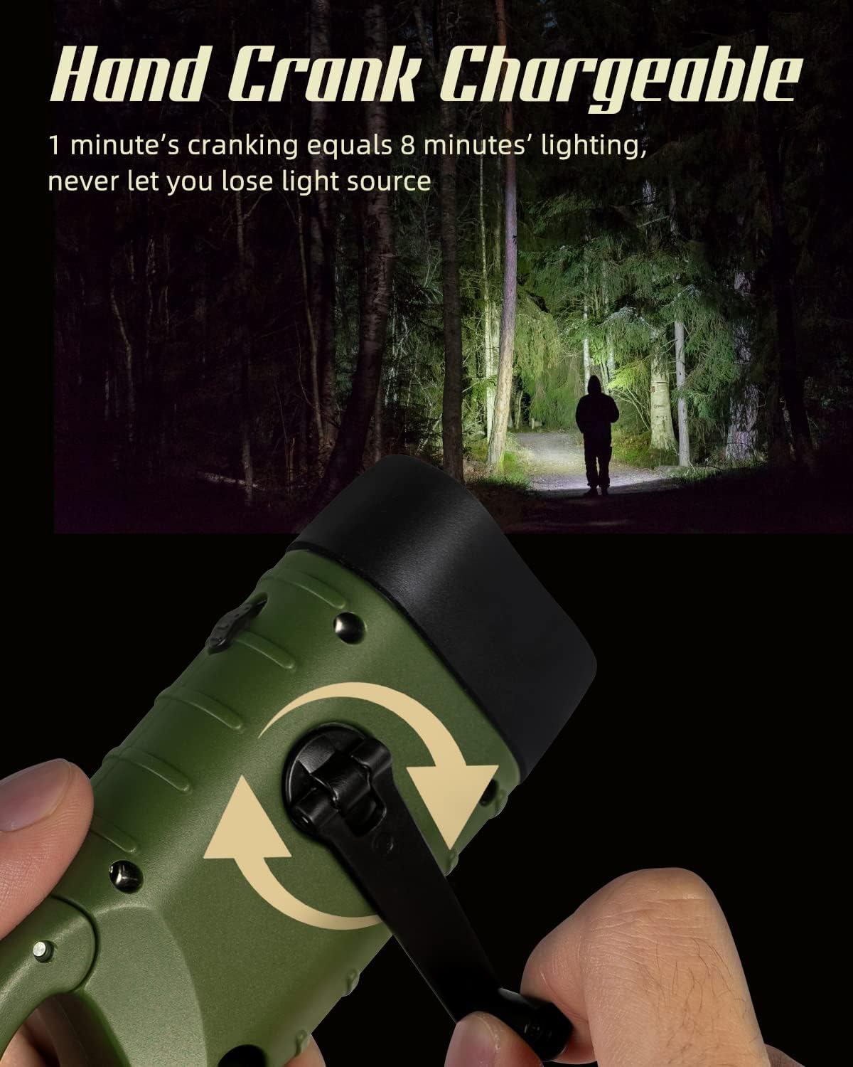 Grüne Handkurbel-Taschenlampe, die eine Person im Wald beleuchtet.