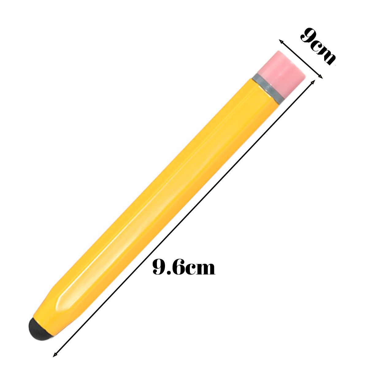 Ein gelber Stift mit rosa Radiergummi und schwarzer Spitze. Maße 9,6 cm und 9 cm.