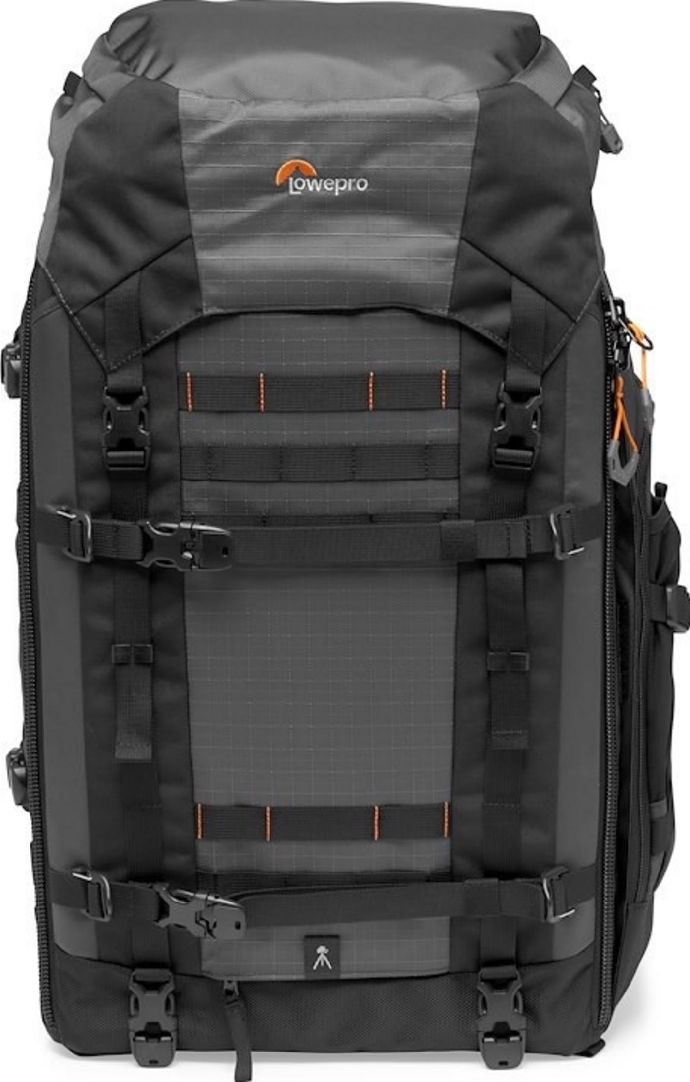 Grauer Lowepro Rucksack mit schwarzen Gurten und orangefarbenen Akzenten.
