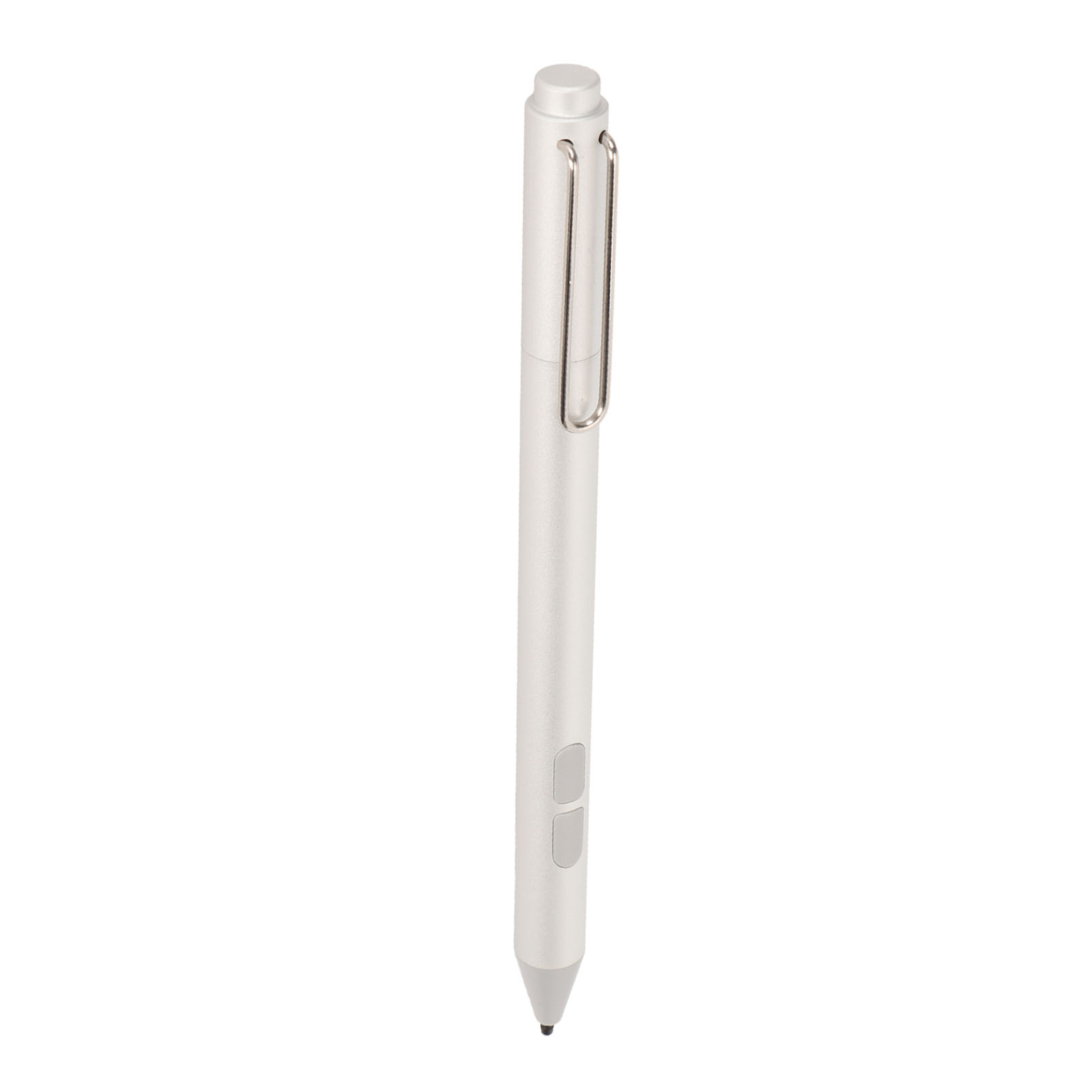 Ein schlankes, silbernes Eingabestift mit einem Clip und zwei Tasten.