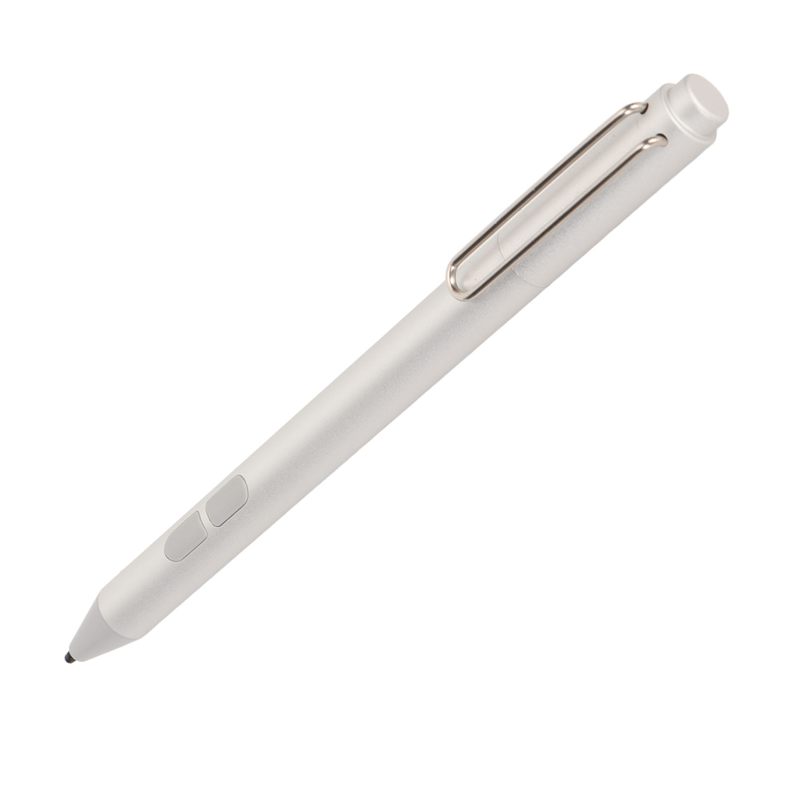 Ein silberner Eingabestift mit einem Clip und zwei Knöpfen liegt auf weißem Hintergrund.