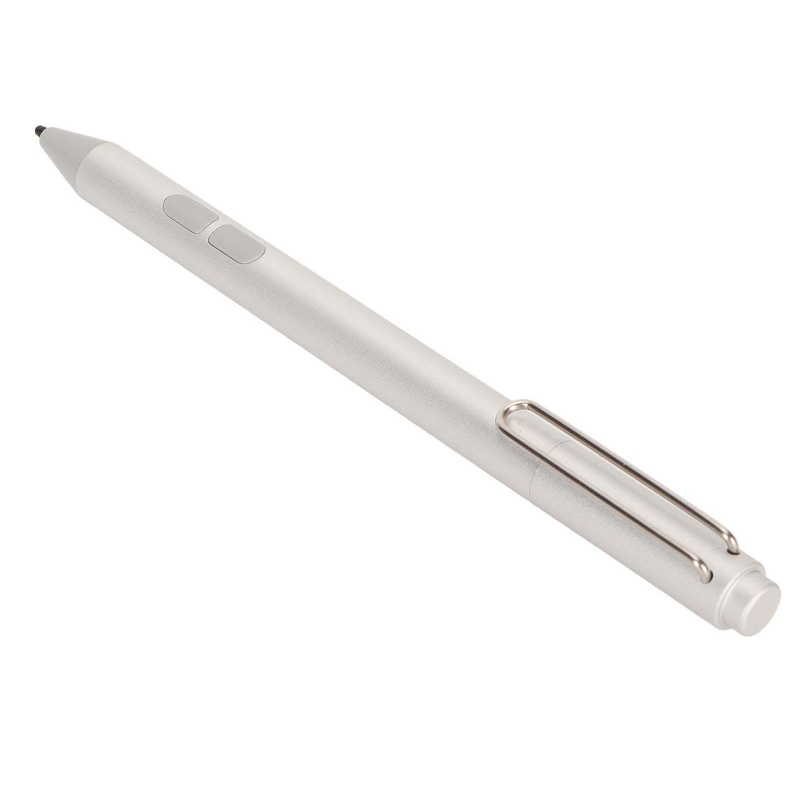 Ein silberner Stift mit zwei grauen Knöpfen und einem silbernen Clip.