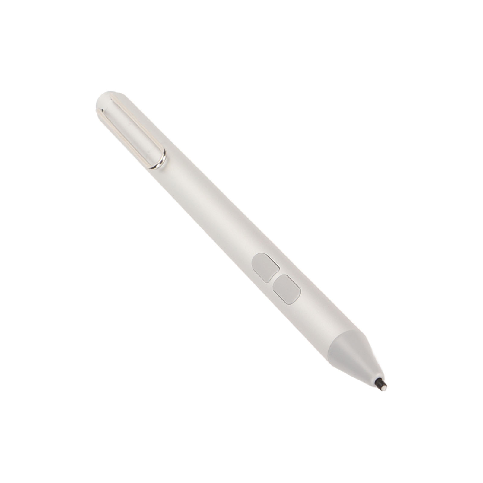 Ein silberner Eingabestift mit zwei grauen Tasten, auf weißem Hintergrund.